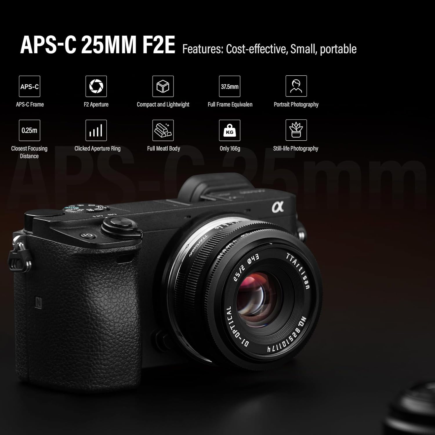 TTArtisan 25mm F2 E-Mount APS-C Compact Lens,Wide-Angle MF Large Aperture Mirrorless Lenses for Sony (ZV-E10, A6100, A6400, A7V, A7CII) for Daily Photography
