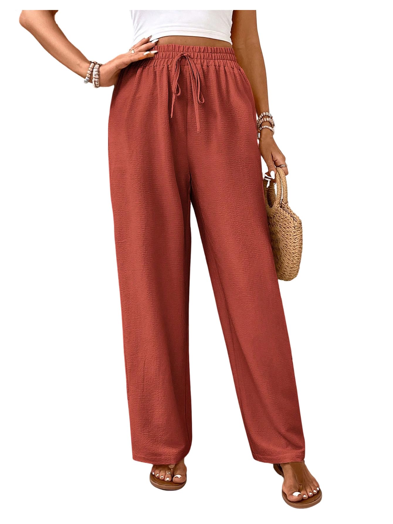 WDIRARA Womens Elastic Waist Straight Leg Pants Solid Casual Vacation Pants