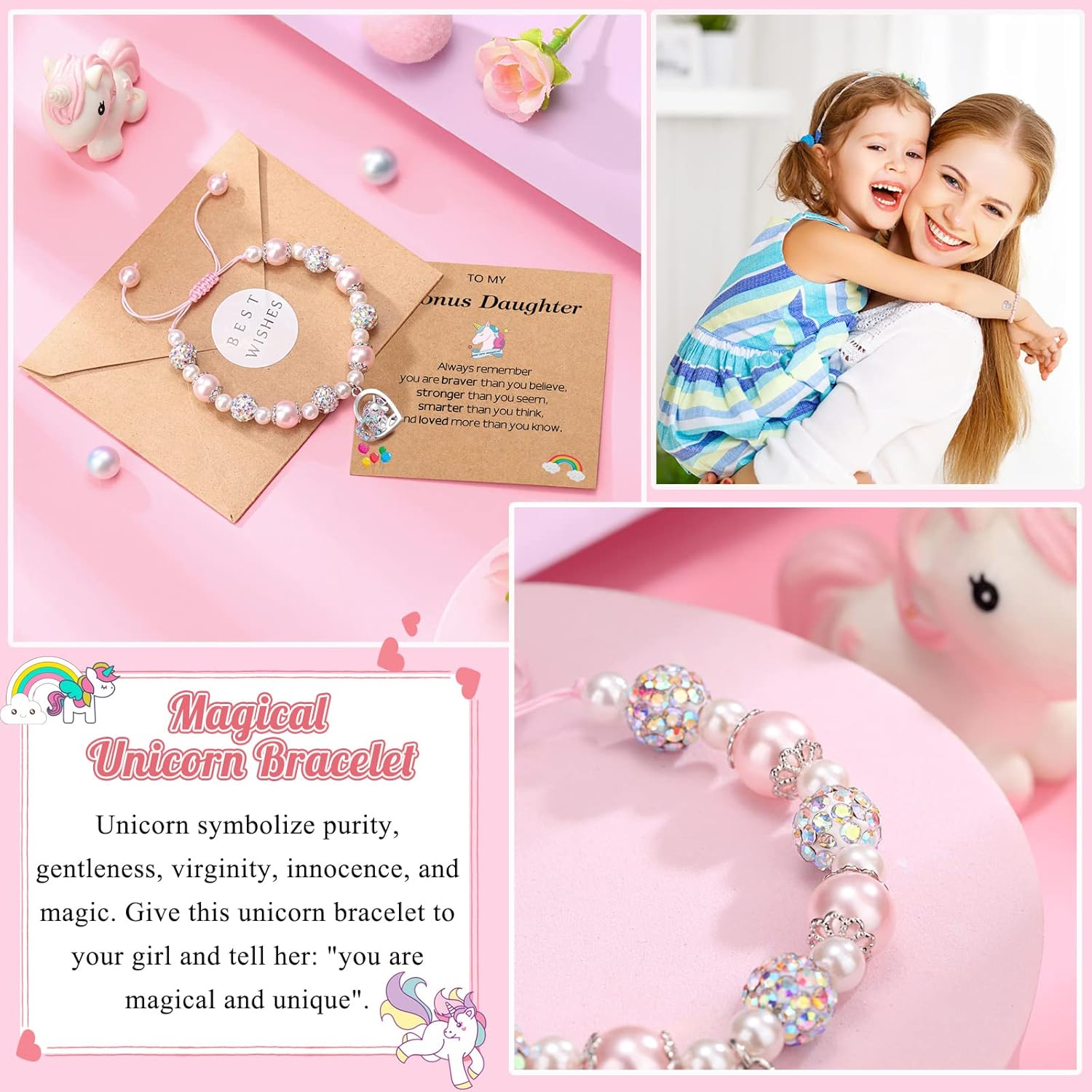 UNGENT THEM Unicorn Bracelet for Daughter/Granddaughter/Granddaughter/Bonus Daughter Adjustable Pink & White Pear Bracelet, Birthday Christmas Graduation Gifts for Girls - Image 4