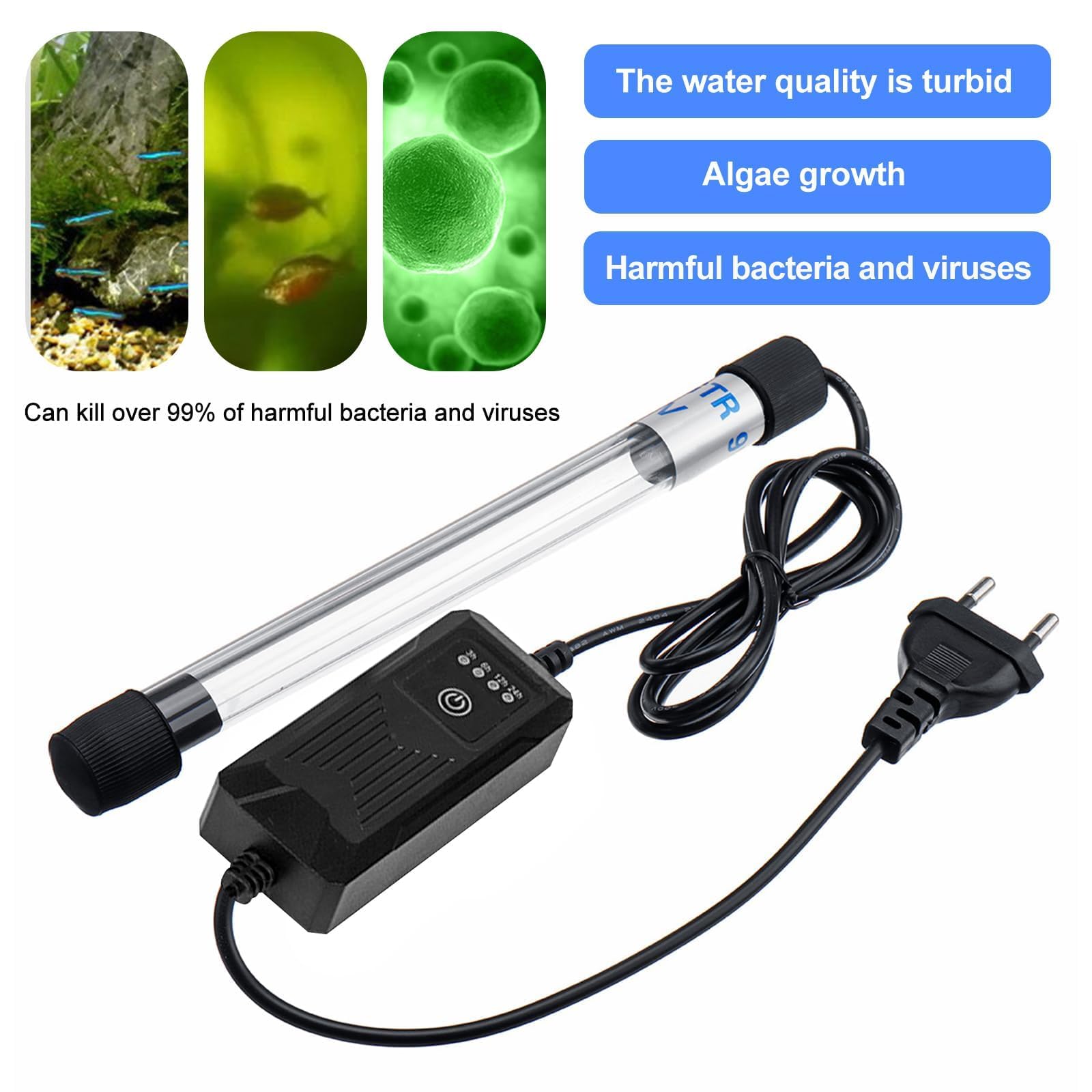 Esterilizador de acuario con temporizador, luz de acuario de 9 W, UV impermeable, esterilizador casero, purificador UV, acuario para la limpieza de acuarios y piscinas
