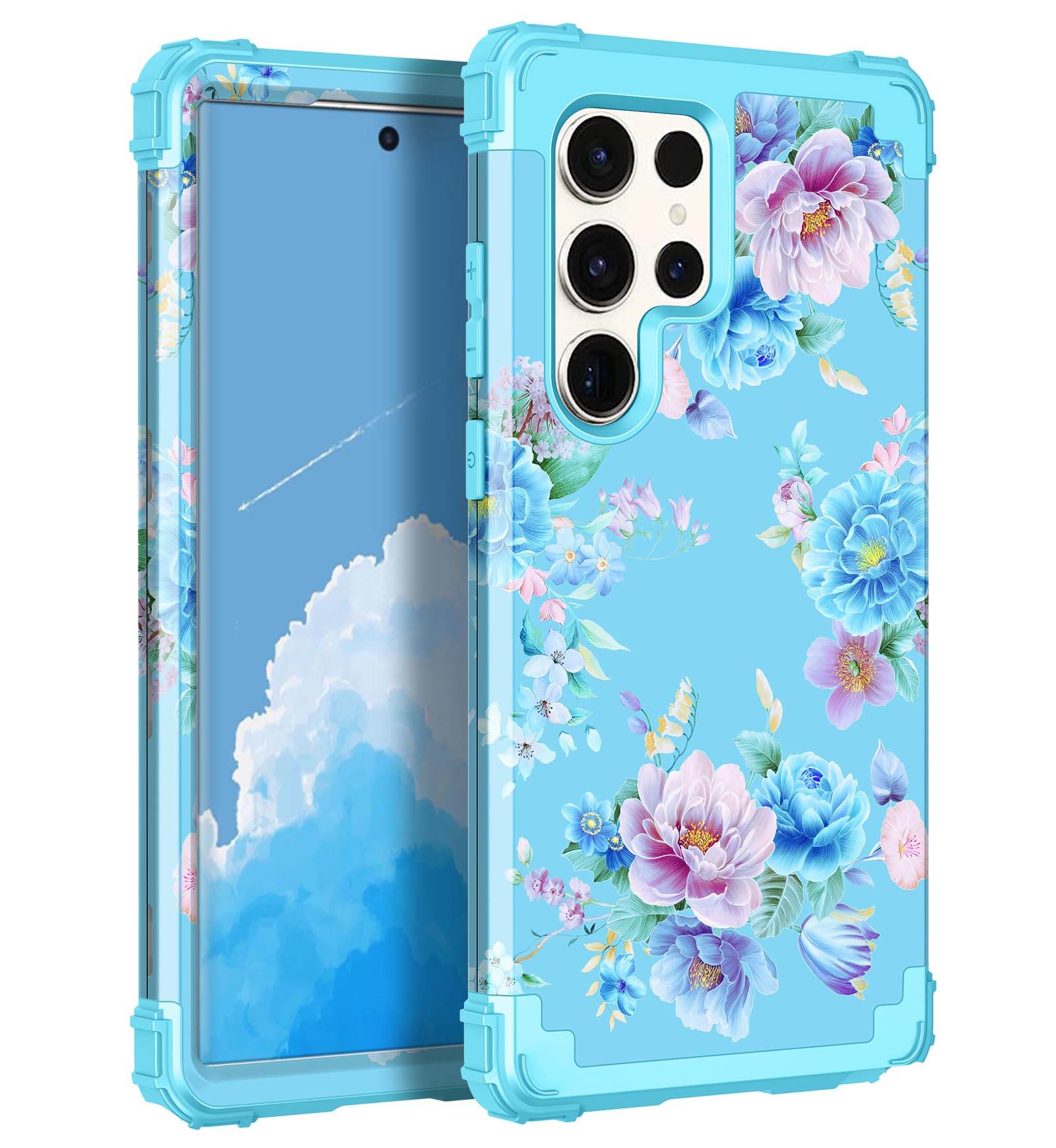 LONTECT for Galaxy S23 Ultra 5G Case Shockproof Three-Layer Heavy Duty Hybrid Sturdy High Impact Protective Cover Girls Women Case for Samsung Galaxy S23 Ultra 5G 2023,Blue/Peony Flower