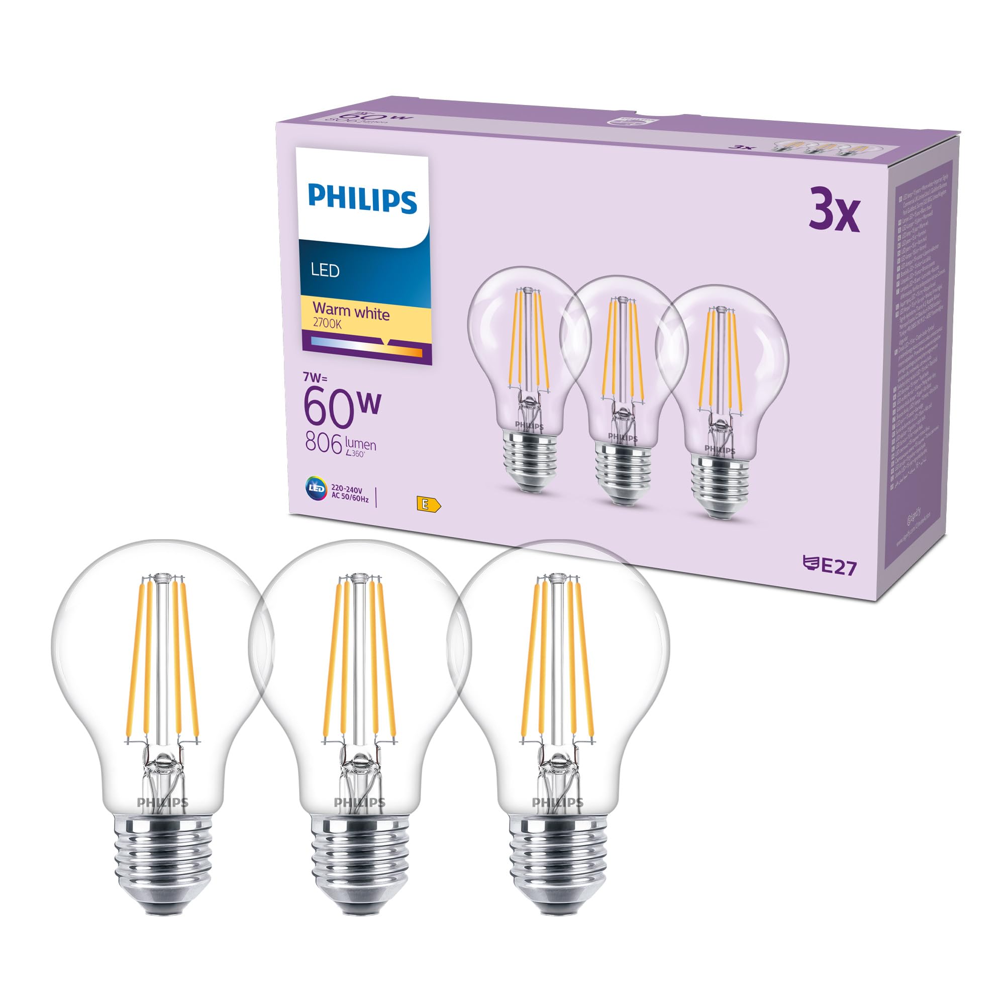 Philips classic A60 LED Lampe, 60 Watt, klar, E27 Sockel, 2700 K warmweißes Licht, 3er Pack