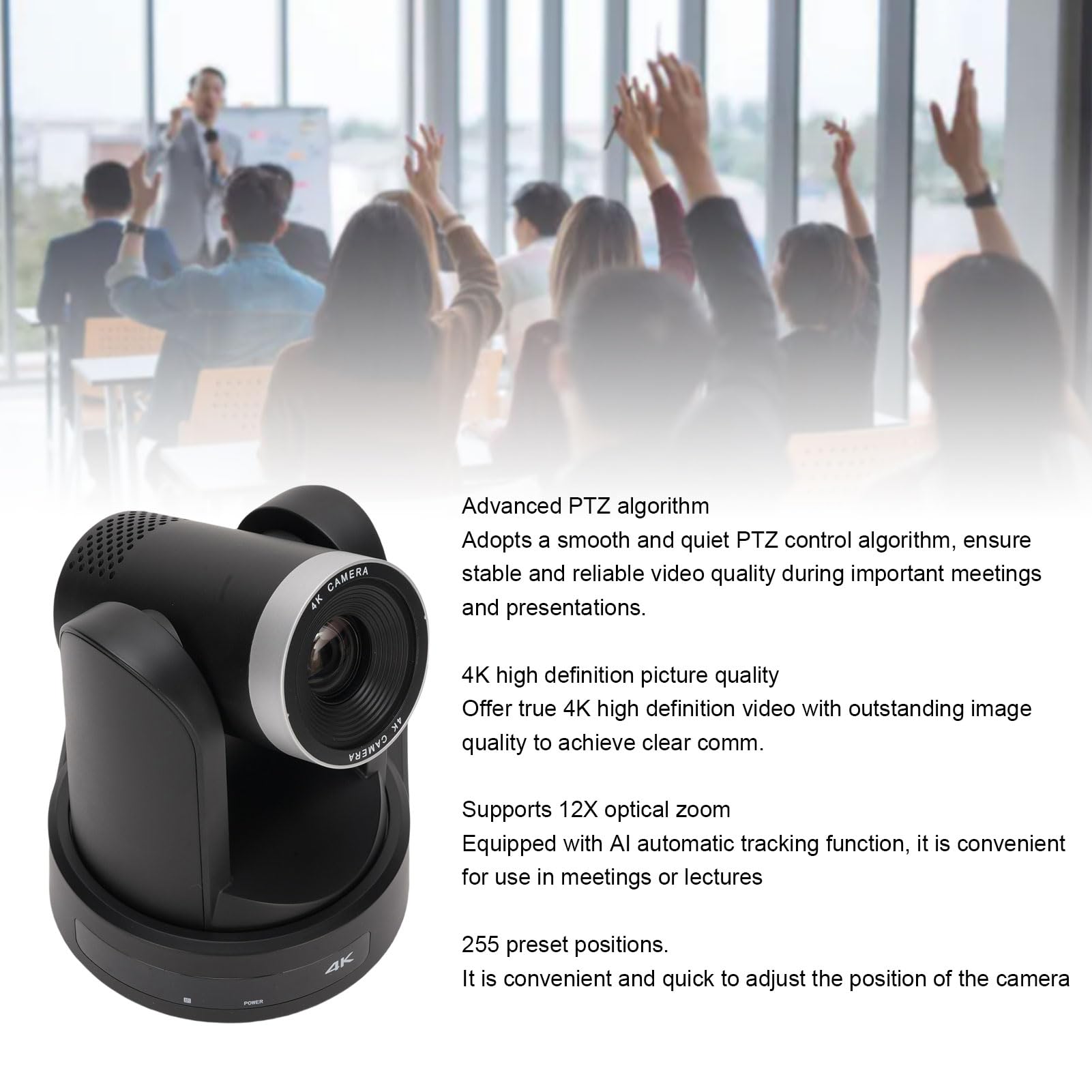 Telecamera per Conferenze PTZ 4K, Zoom Ottico 10X AI con Tracciamento Automatico Webcam Video HD 4K, LAN USB 3.0 per Conferenze Aziendali in Streaming Live (Spina europea)