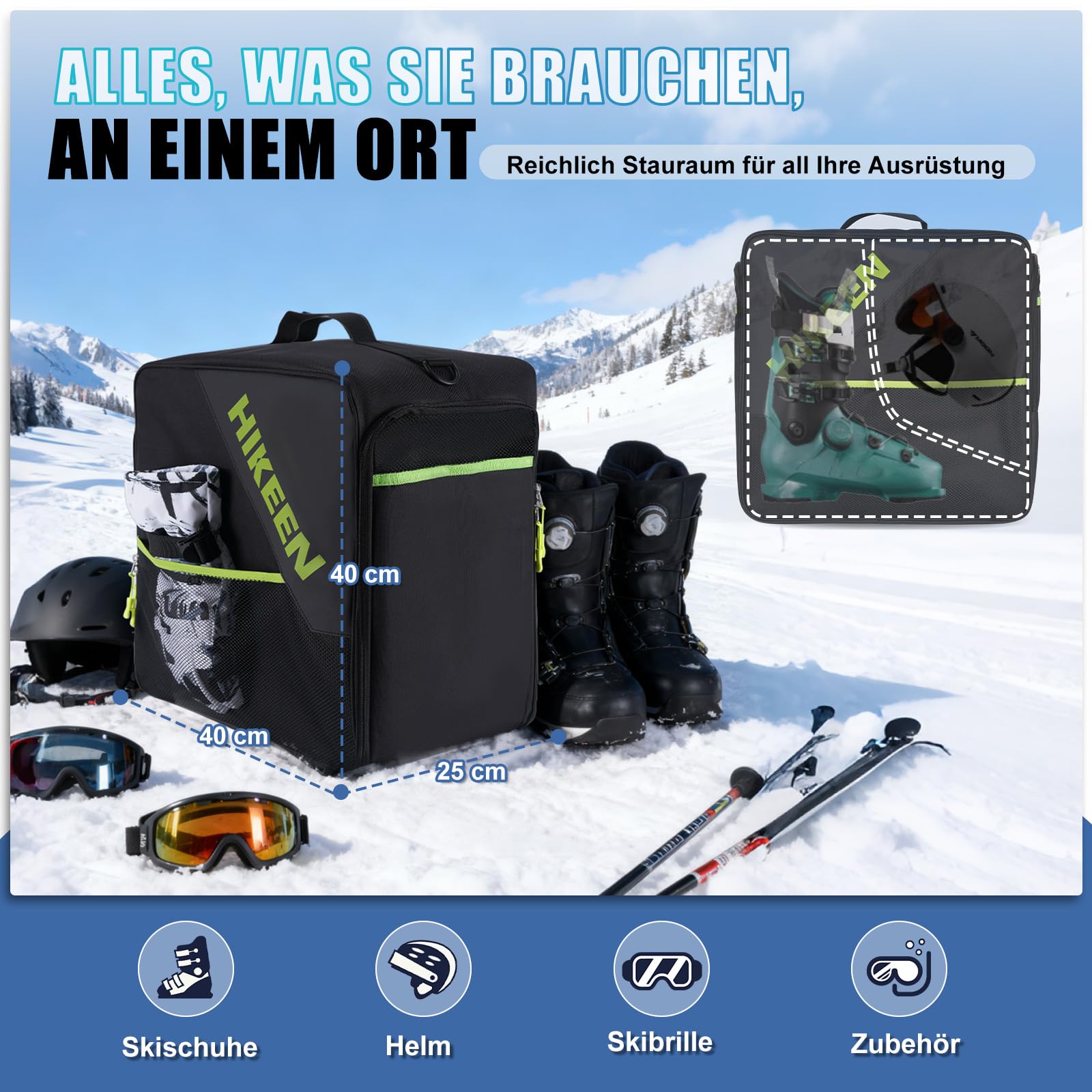 Hikeen Skischuhtasche mit Helmfach: Tasche Skischuhe Helm mit Mesh-Lüftungssystem Schischuhtasche Weitem Öffnungseinsatz und Eva-Einlage, Skischuh Tasche mit Schultergurte Geschenk–40L