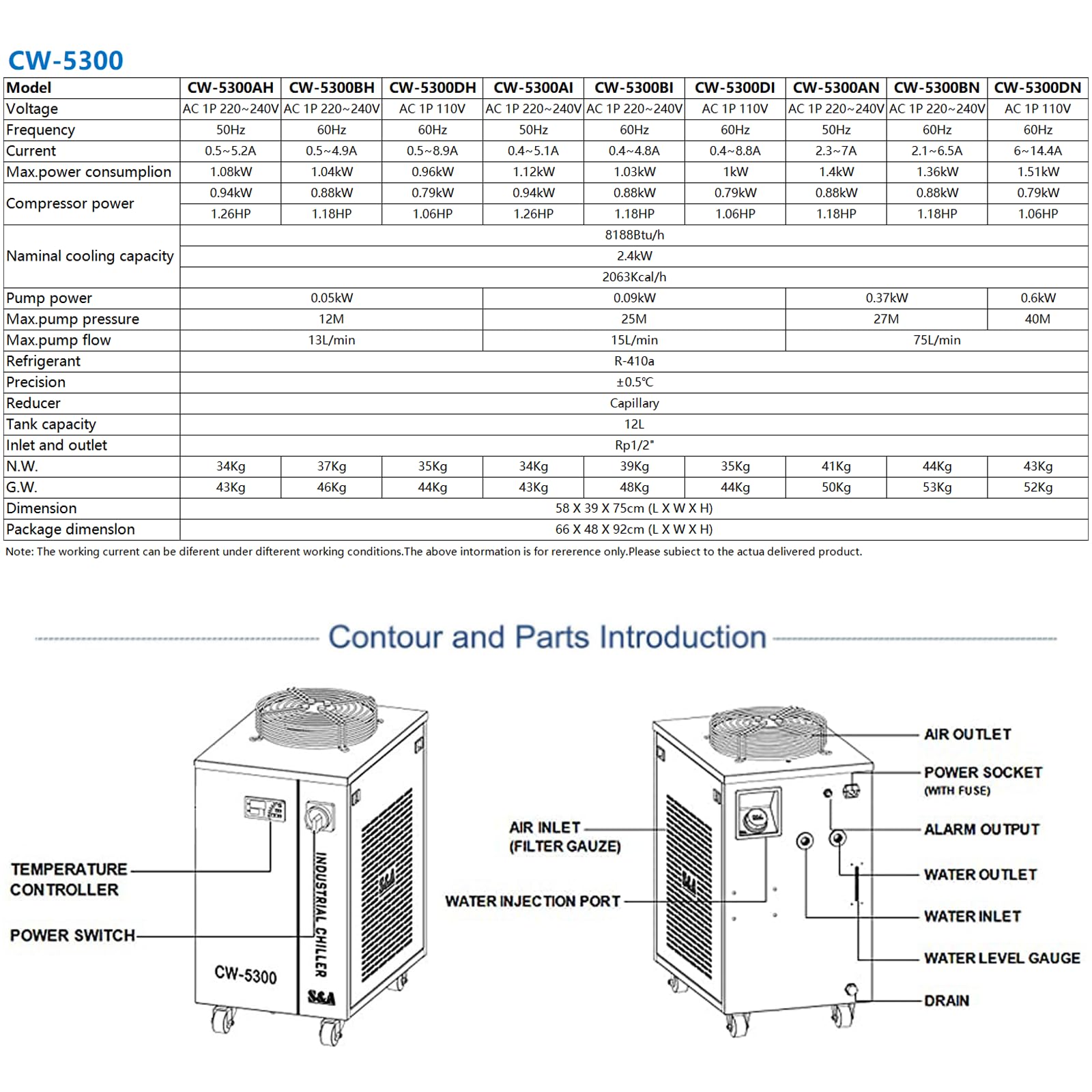 S&A Industrial agua refrigeración Coll 50 W CO2 Laser Tube compresión CW-5300AH 220 V 50 Hz