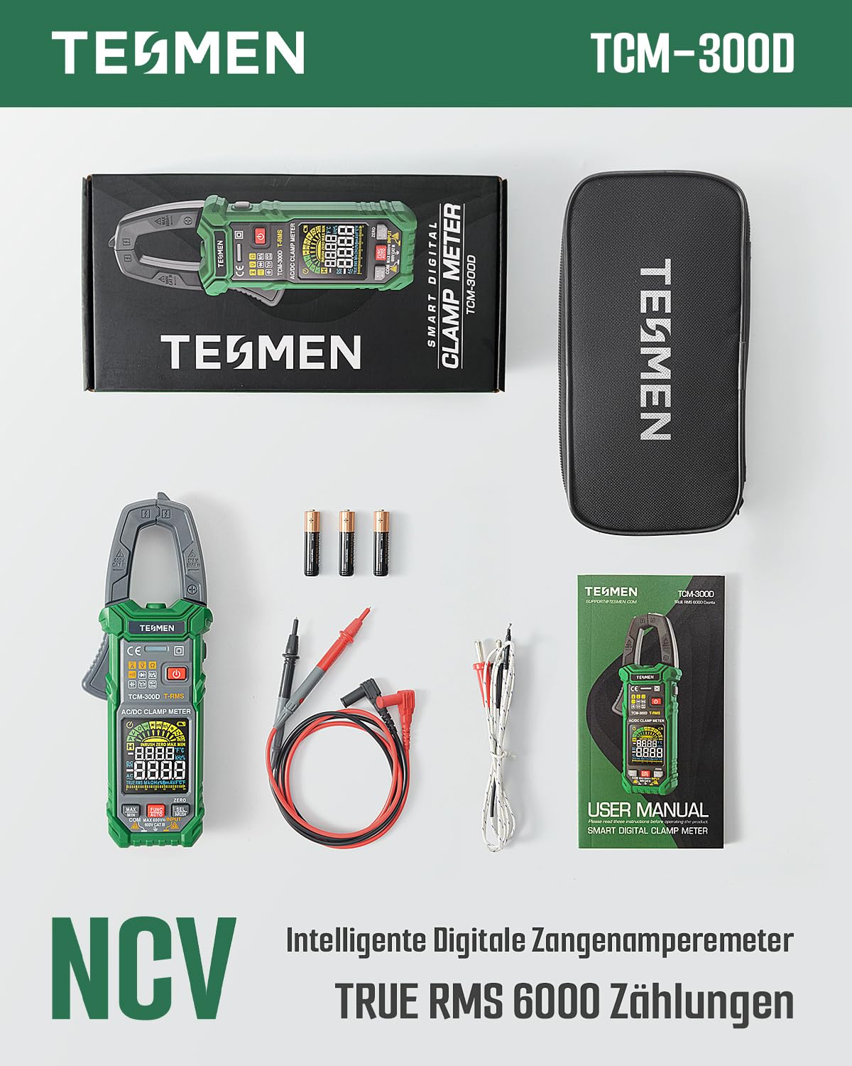 TESMEN TCM-300D Digital Clamp Meter 6000 Counts T-RMS Amperemeter Auto-Ranging Multimeter Voltmeter mit AC/DC Strom & Spannung NCV/Live Wire Einschaltstrom Widerstand Diode Temperatur – Grün