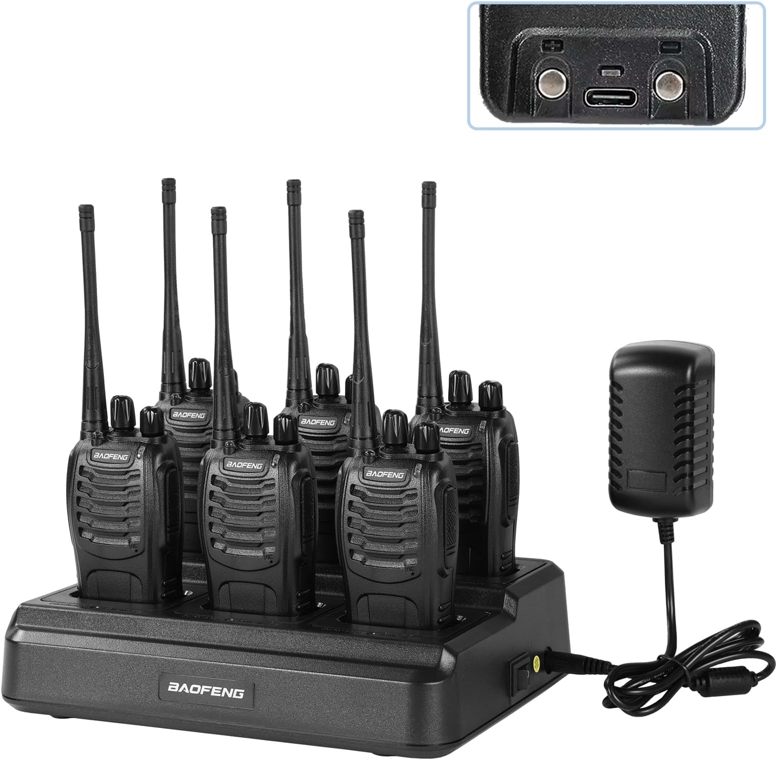 BAOFENG BF-888S Plus Walkie Talkie Long Range Handheld Two-Way Radio,16 Channel Wireless Copy Frequency Walkie Talky,with 6 Way Charger USB-C Charging, for Team Business Cruise（6 Pack,Black）