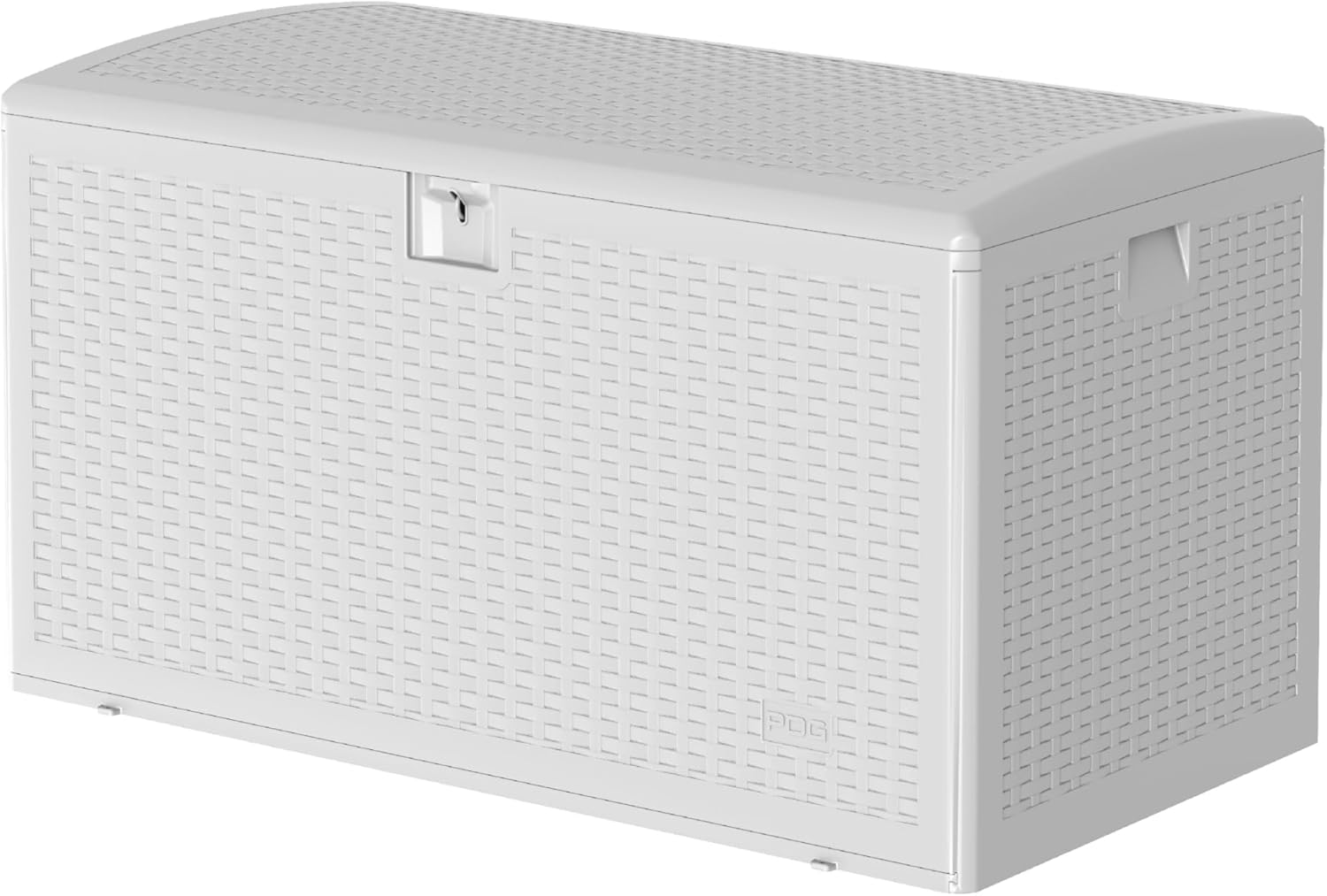 99 Gallon Wicker Resin Deck Box with Handles, Lockable Storage Container for Patio Furniture Tools, Waterproof Deck Box with Hydraulic Rod Patio Storage Bin for Pool Garden, White