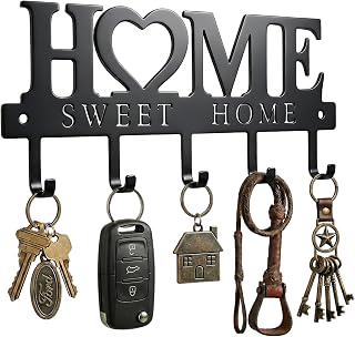 WIPHANY Sweet Home Key Holder Wall Mount - 5 Sturdy Metal Hooks for Keys, Leashes, Bags - Rust-Resistant Organizer for Entryway, Mudroom, Hallway, 9.8" Black