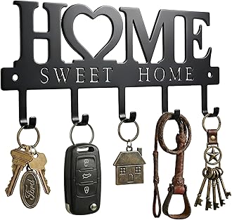 WIPHANY Entryway Wall Key Holder with 5 Hooks, Metal Key Rack Wall Mount for Keys, Bags and Leashes, Decorative Organizer for Entryway, Mudroom or Hallway, Sweet Home Design, 9.8 inches, Black