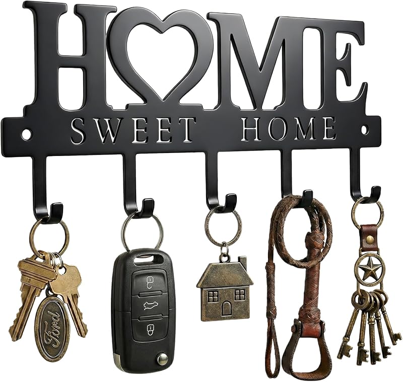 Entryway Wall Key Holder with 5 Hooks, Metal Key Rack Wall Mount for Keys, Bags and Leashes, Decorative Organizer for Entryway, Mudroom or Hallway, Sweet Home Design, 9.8 inches, Black