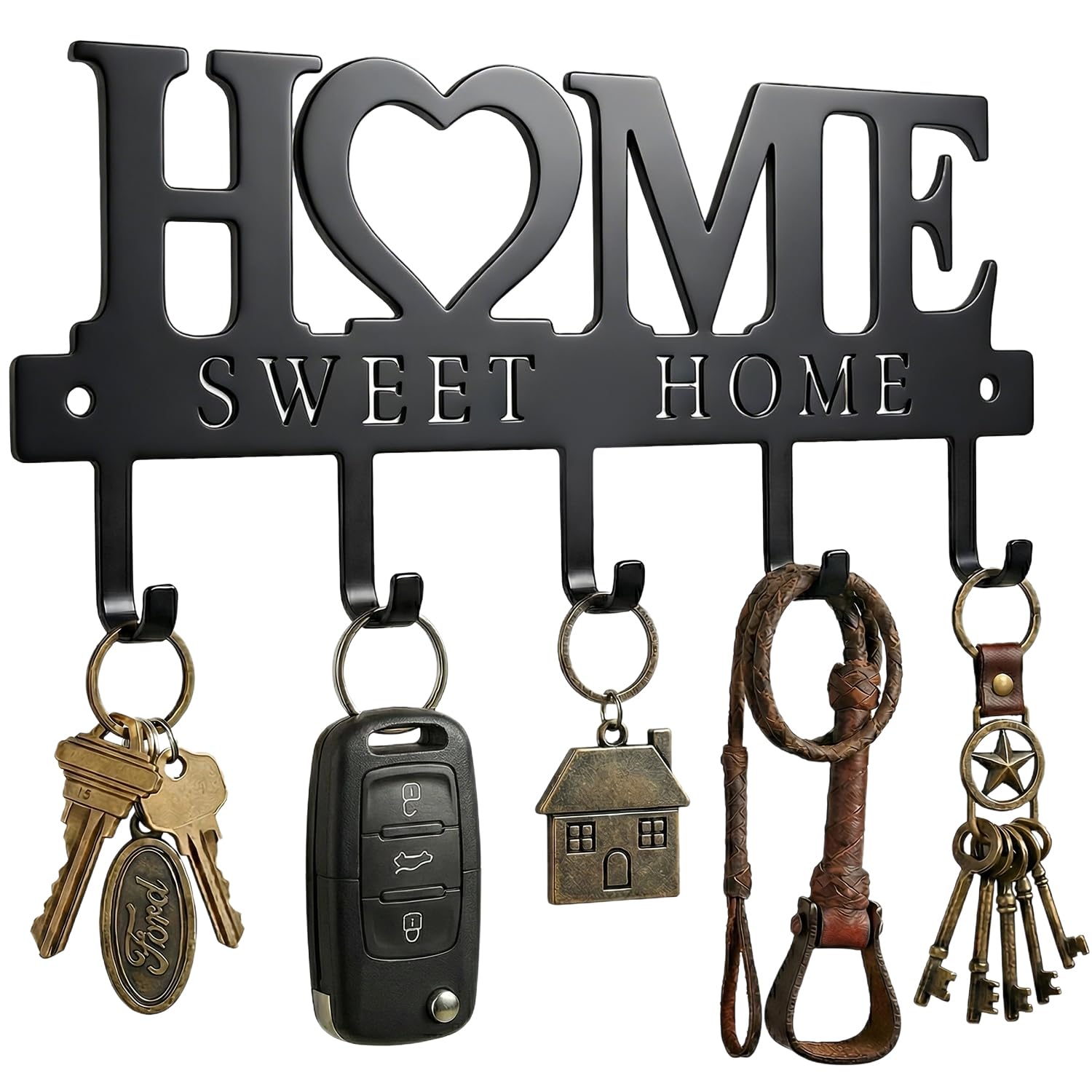 WIPHANY Entryway Wall Key Holder with 5 Hooks, Metal Key Rack Wall Mount for Keys, Bags and Leashes, Decorative Organizer for Entryway, Mudroom or Hallway, Sweet Home Design, Black
