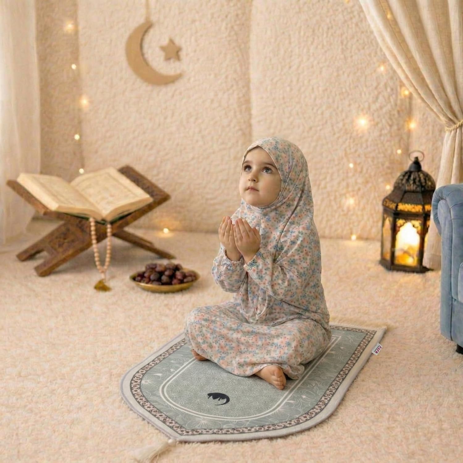 FAF Girl & Boy Velvet Prayer Mat | Children janamaz Prayer Rug for Kids (Upto 3 Years) | Soft Thick Namaz Mat, Portable Travel Janemaaz | Mussalla for Home, Mosque & Ramzan, Hajj and Umrah (Grey)