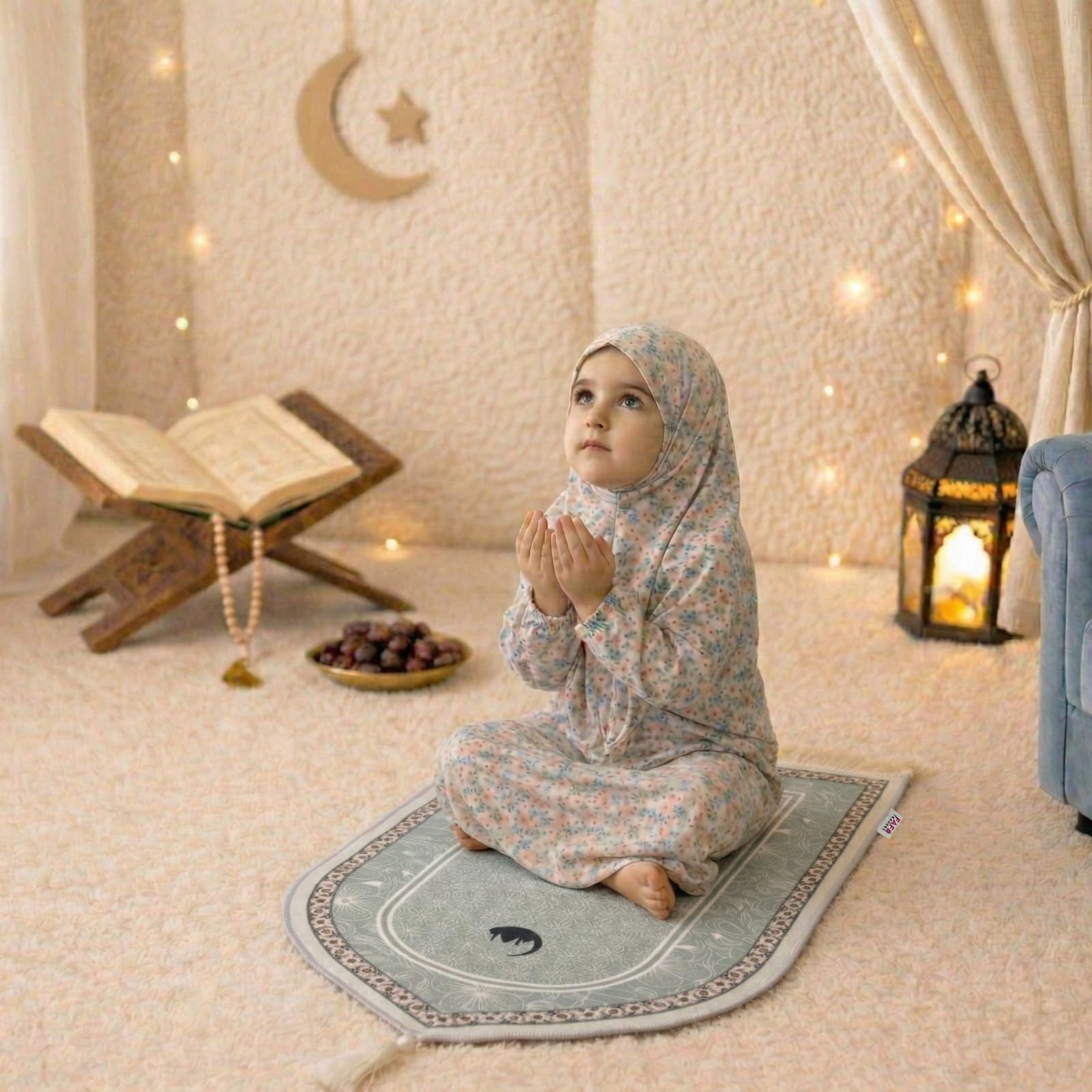 FAF Girl & Boy Velvet Prayer Mat | Children janamaz Prayer Rug for Kids (Upto 3 Years) | Soft Thick Namaz Mat, Portable Travel Janemaaz | Mussalla for Home, Mosque & Ramzan, Hajj and Umrah (Grey)-image-3