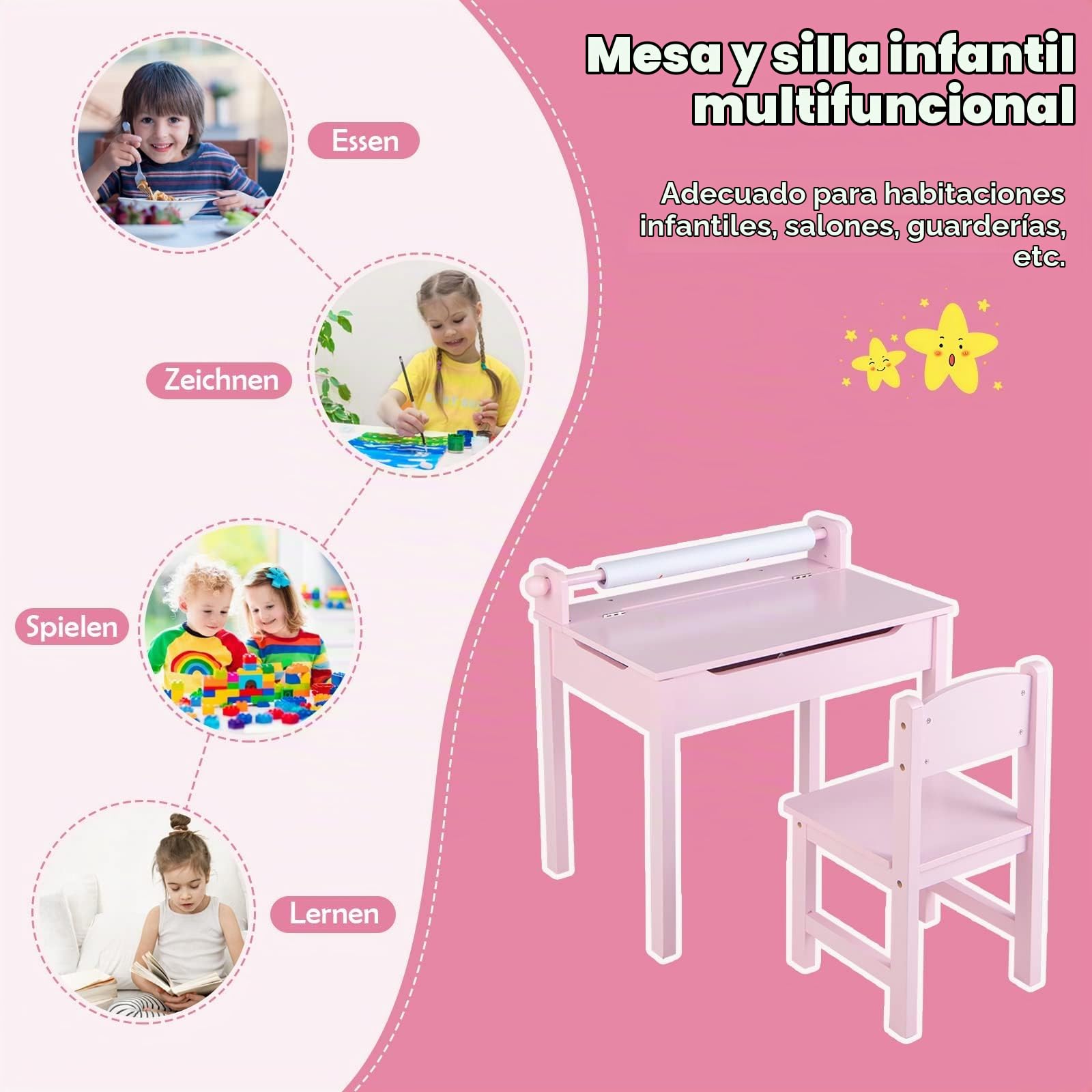 RELAX4LIFE Mesa y Silla de Arte para Niños 3+ Años con Tablero Plegable, Escritorio y Silla de Madera para Niños 60 x 40 x 58 cm con Rollo de Papel y Rotulador (Rosa)