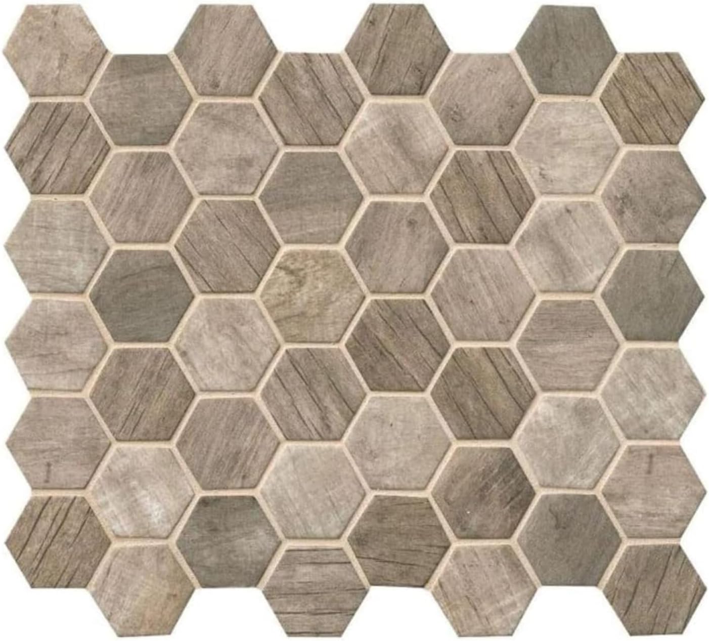 Tenedos Recycled Glass Brown Greige Wood Look 2 Inches Hexagon Mosaic Tile 1 Sheet for Kitchen Backsplash, Bathroom Walls, Showers, Accent Walls and Fireplace
