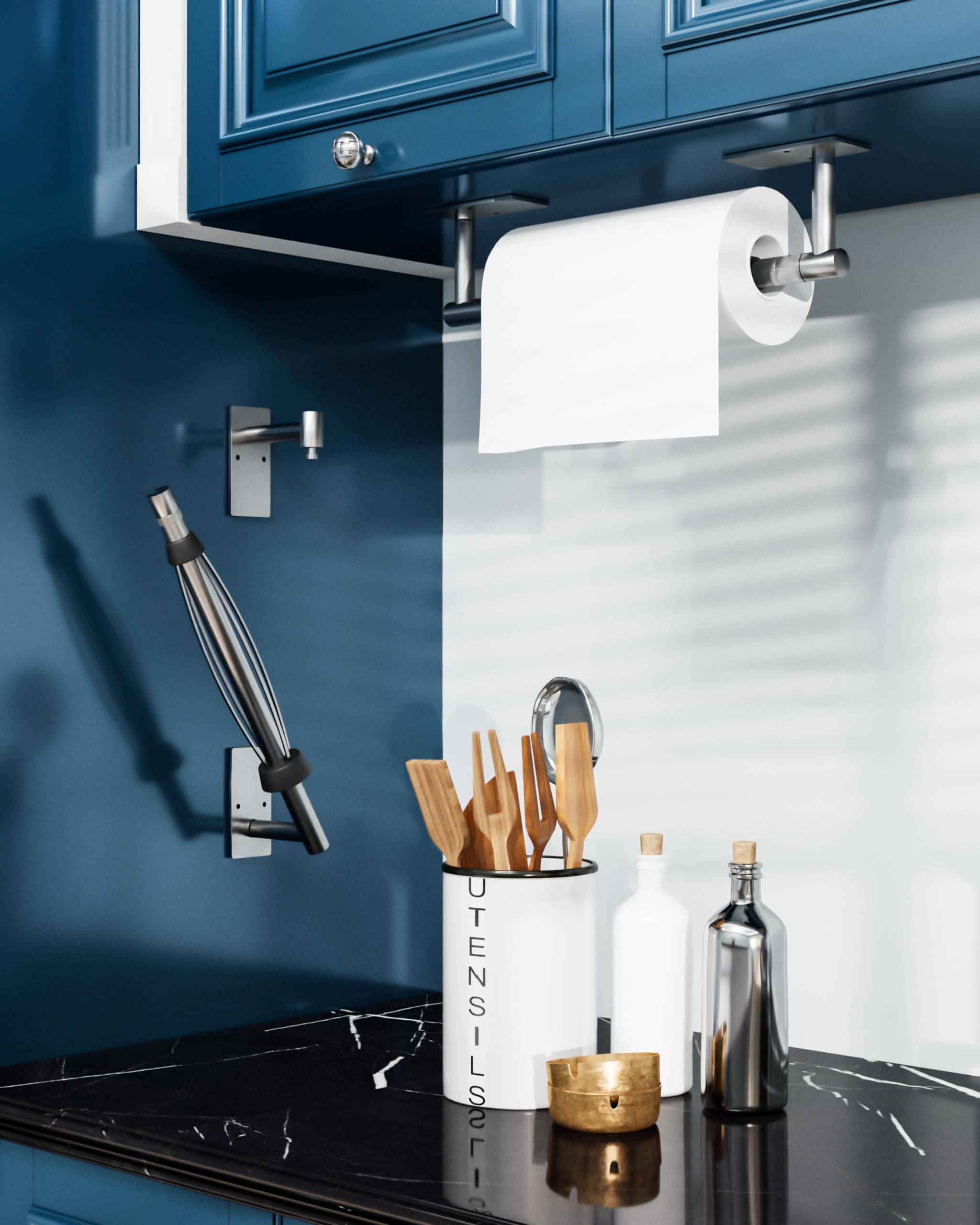 Soporte para toallas de papel debajo del gabinete, operable con una sola mano, fácil de rasgar, soporte de pared con efecto de amortiguación, autoadhesivo o perforado para cocina y baño 4