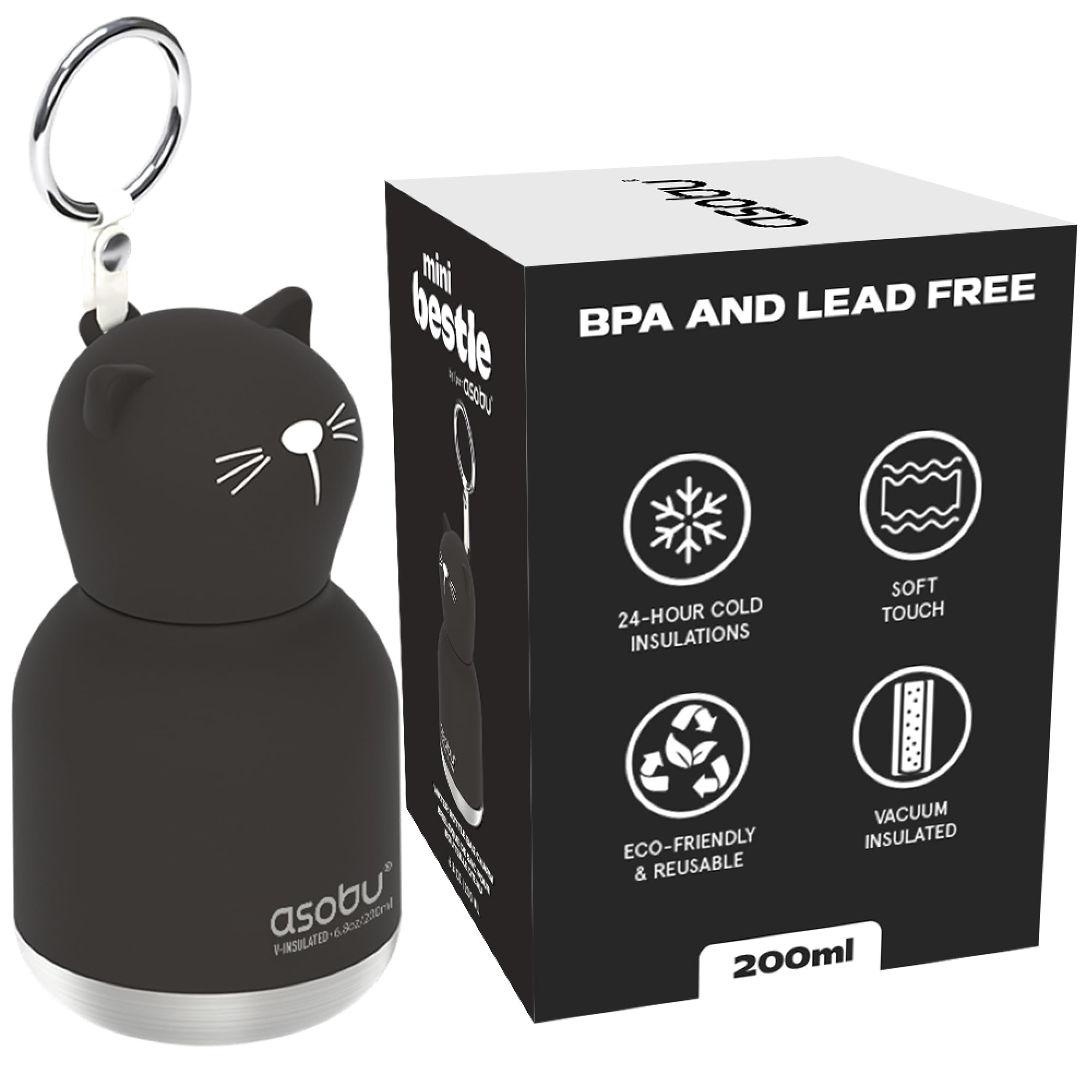 asobu Mini Bestie Water Bottle Cute Collectible Character Bottle for All Ages Leakproof Stainless Steel, 6.7oz, BPA-Free with Strap & Clip Insulated Bottle for Travel, Work & Gifting