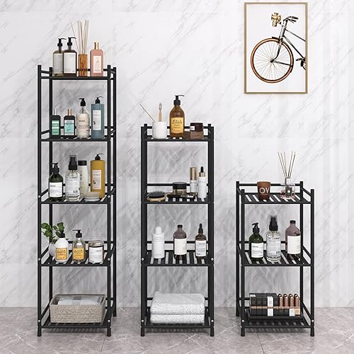 Miniatura 5 de Estantería abierta de almacenamiento de baño de 3 niveles, estantería de metal independiente para cocina, sala de estar, pasillo (negro mate, 3