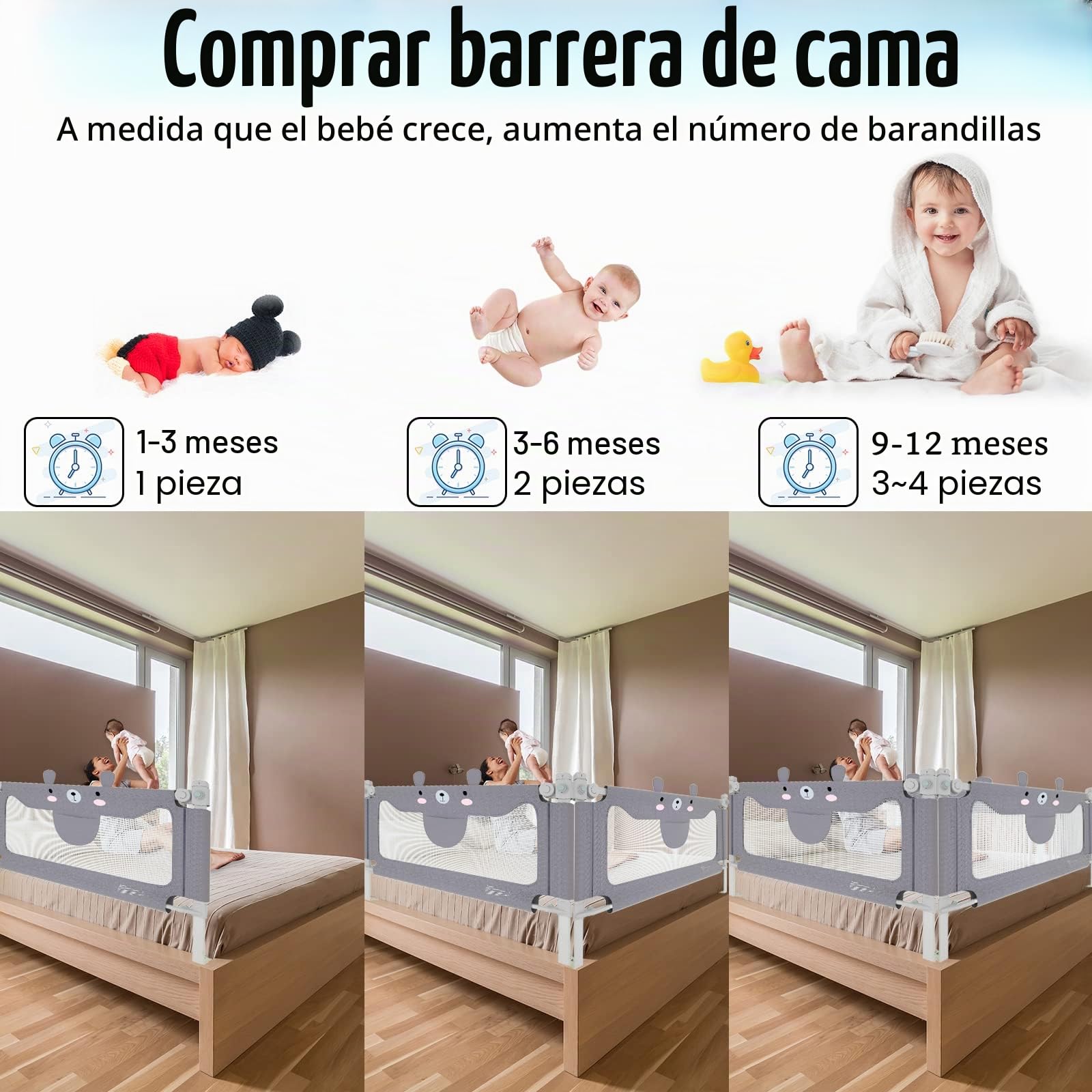 FIVMEN Barrera de cama de 180 cm para bebé, protección anticaídas para cama de bebé, altura ajustable, barrera protectora de cama para niños con bolsa de almacenamiento, barrera para cama infantil