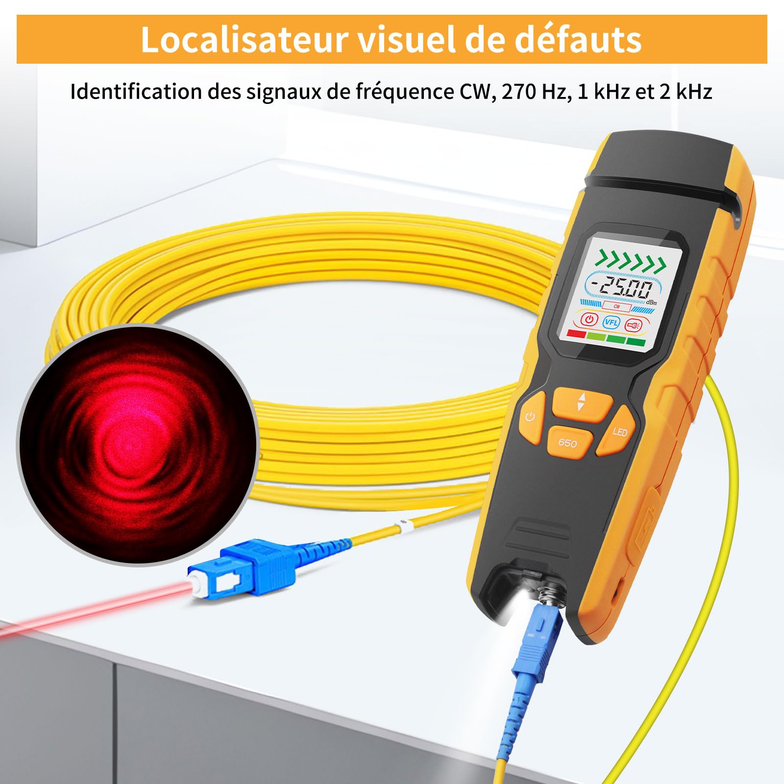 Henkion LWL Tester à main Identificateur de fibre optique avec localisation de défaut en temps réel, 850-1700nm SM/MM Power Meter Fonction VFL Écran LED, Testeur de câble à fibre optique pour réseau