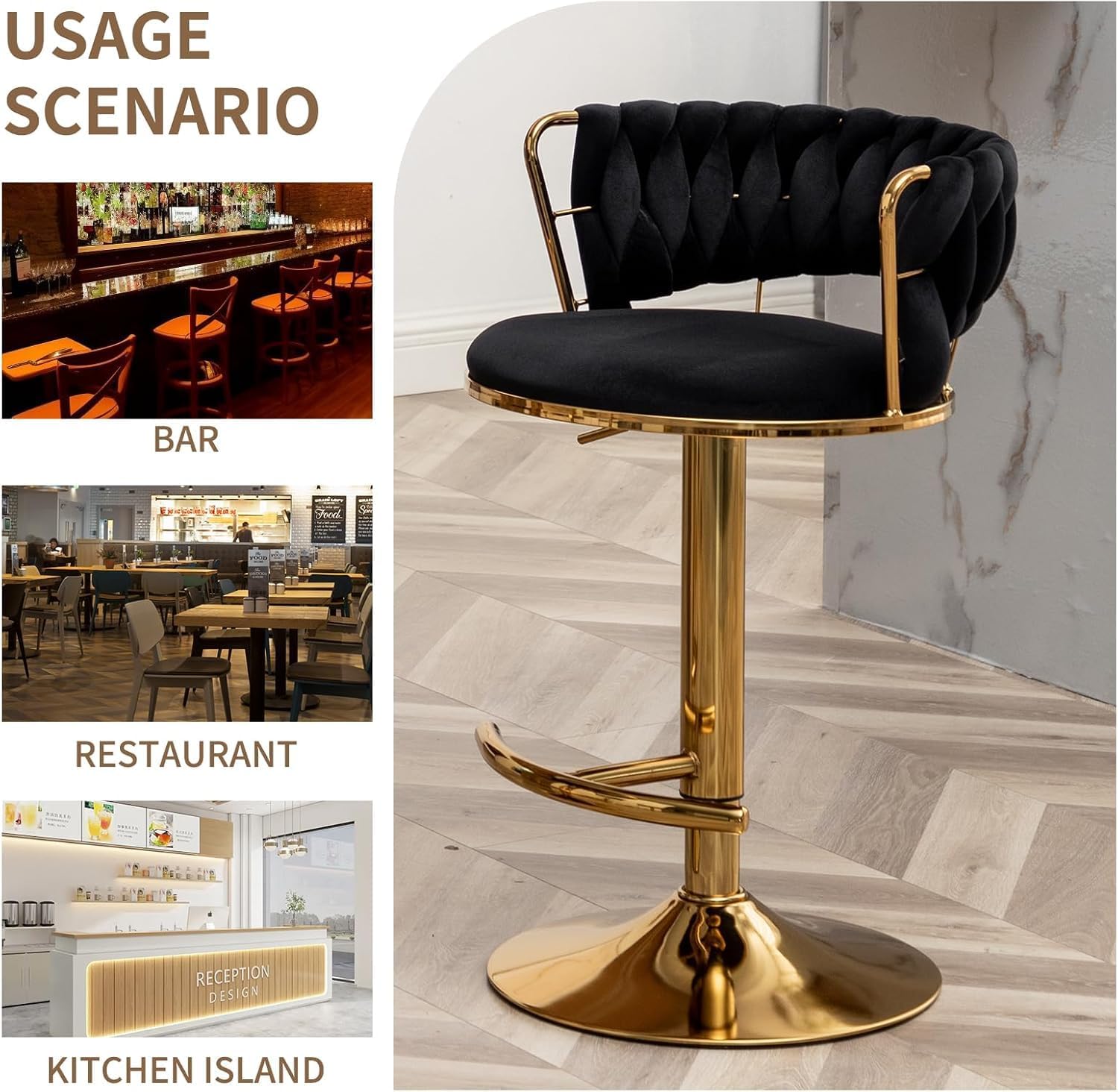 Gold Bar Stools Set of 3, Velvet Swivel Barstools with Woven Backrest, Adjustable Counter Stools for Kitchen Island, Dining Room, Cafe, Pub (Black)