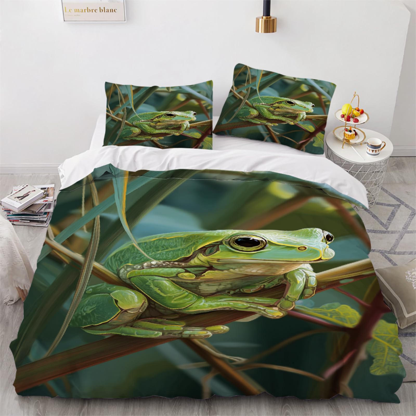 Generico Rana verde Set Copripiumino, Animale per bambini Copripiumini 220x260cm con 2 Federe, Pianta Set Letto set da letto 3 pezzi, Hobby di arredamento per la casa Copripiumini Morbido Traspirante