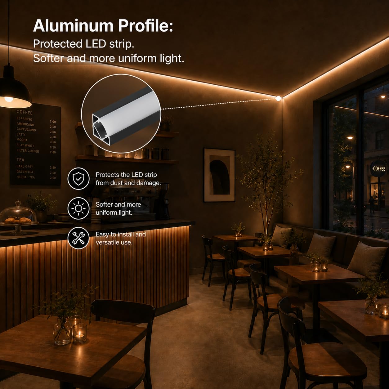 JANDEI - Lot de 6 Profilés en Aluminium 1 Mètre pour Rubans LED, Diffuseur Blanc Semi-Transparent, Comprend des Accessoires (Noir, Profil d'angle)