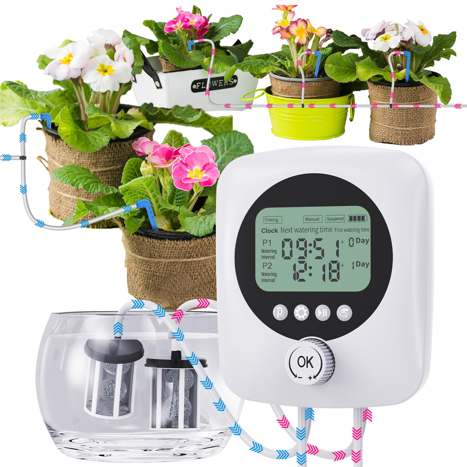 Abbeveratoio automatico a 2 zone per vacanze al chiuso, sistema di irrigazione a goccia con timer digitale programmabile, supporto per 15 piante da appartamento in vaso con dispositivi di irrigazione