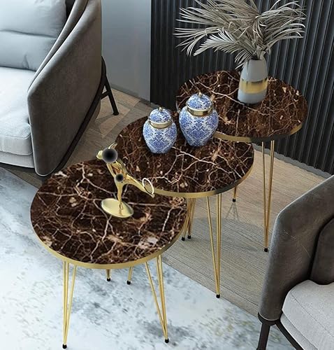 Miniatura 83 de PAK HOME Juego de 3 mesas auxiliares anidables de mármol blanco, mesas auxiliares redondas de madera apilables con patas de metal para sala de