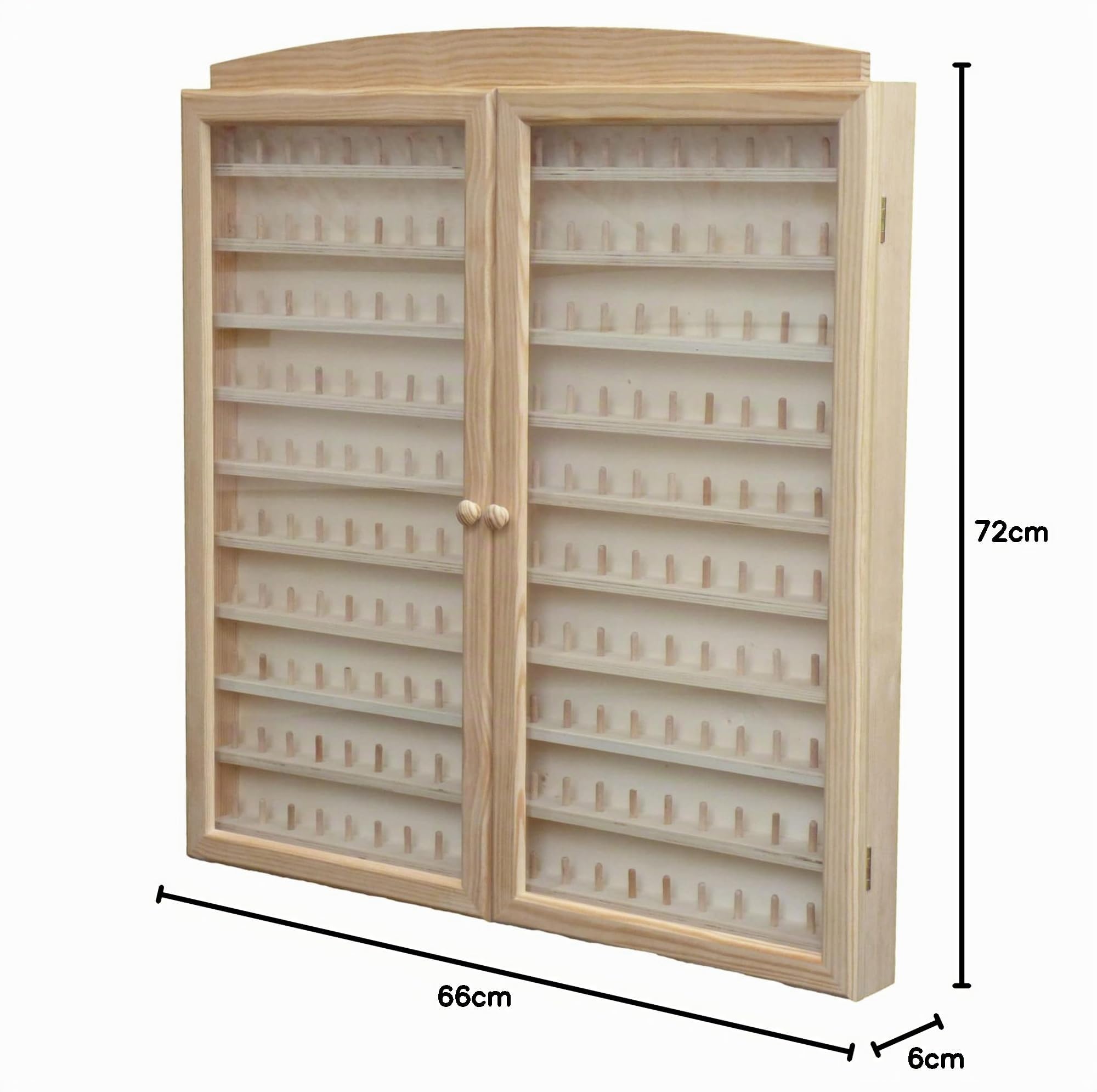 Vetrina Collezioni ditali. 2 grandi porte. Capacità: 200 ditali. Dimensioni: 66 x 6 x 72 cm. In legno di pino crudo. per dipingere.. Altezza tra le piastrelle: 4,5 cm.
