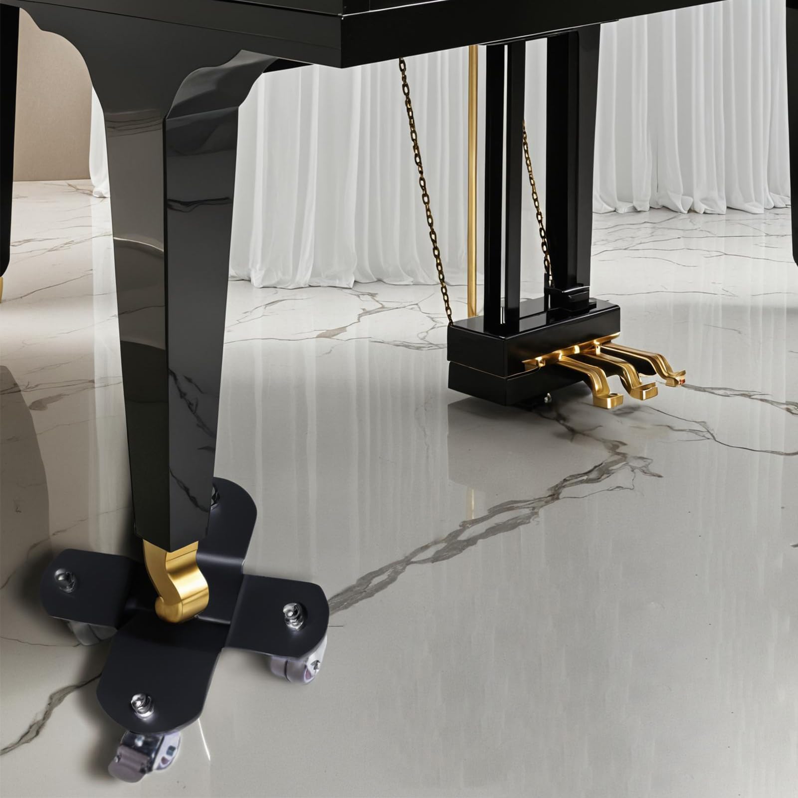 Il carrello per pianoforte è comodo per trasportare pianoforti a coda. Dispone di ruote silenziose ed è adatto per spostare pianoforti a coda ai concerti. Può anche frenare