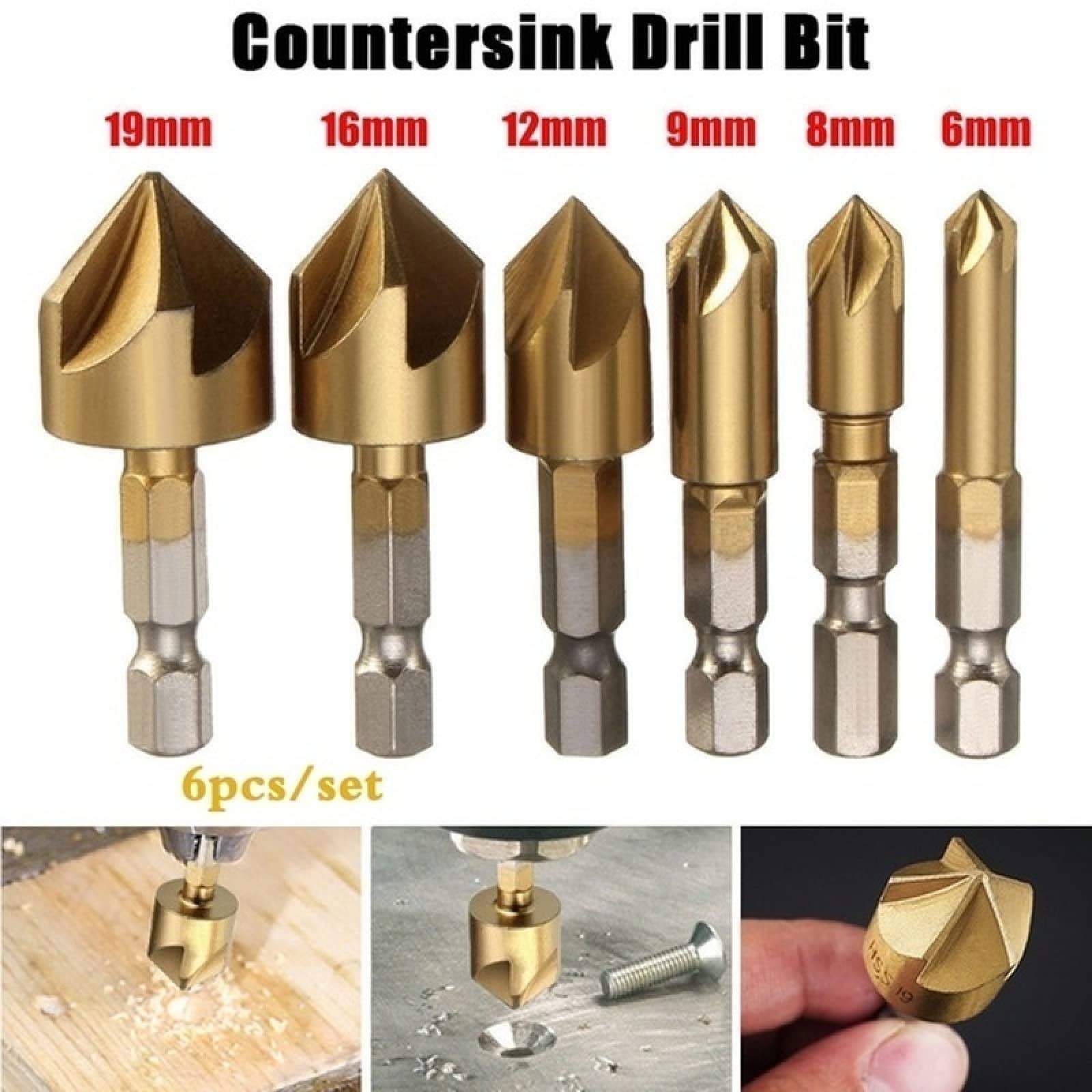 6-Pack Countersink Drill Bit Set – 6-19mm 5-Edge Chamfering & Deburring Bits With 1/4-Inch Hex Shank, High-Speed Steel For Woodworking