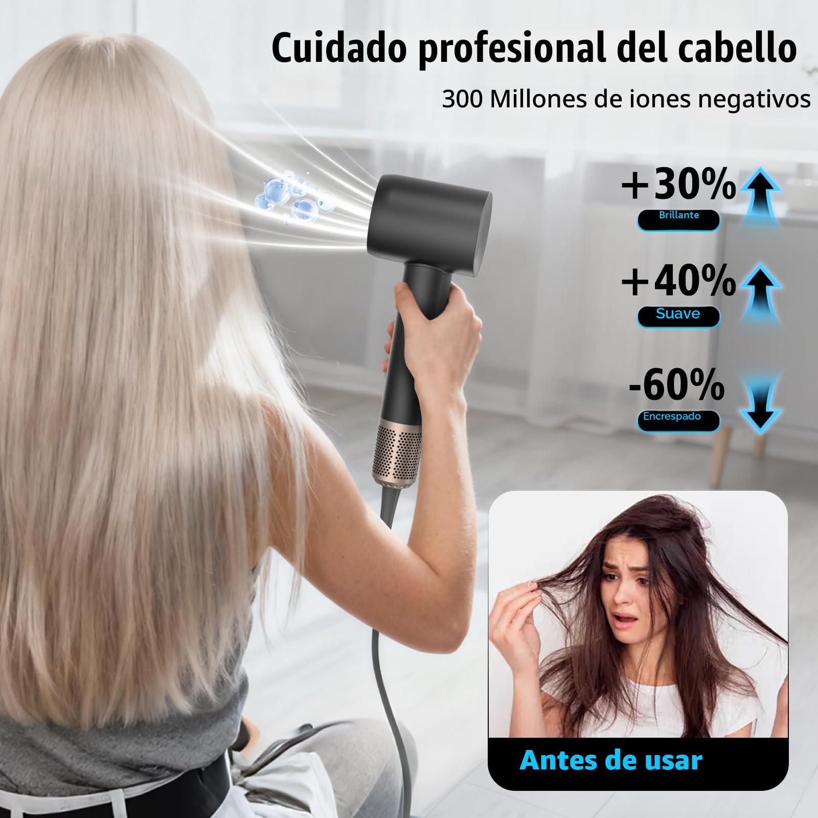 Secador de Pelo Profesional con Difusor y Boquillas, 59 dB de Bajo Ruido Secador de Pelo Iónico, Motor Sin Escobillas de 160.000 rpm, Hair Dryer con 3 Temperaturas y 2 Velocidades, Negro
