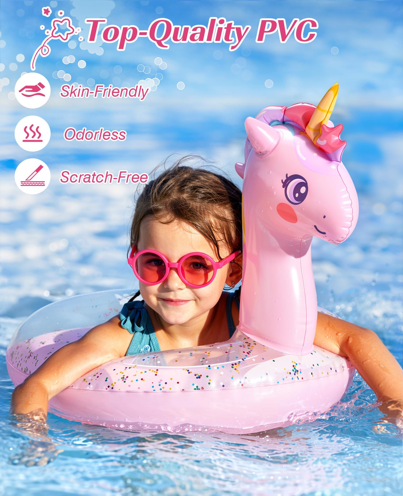 HeySplash Aufblasbarer Schwimmring, 21,6 Zoll Kleinkind Schwimmreifen, Einhorn Pool Spielzeug mit Funkelnden Pailletten, Schwimmhilfe für Schwimmbad, Sommer Strand, See, Party-Deko, Rosa