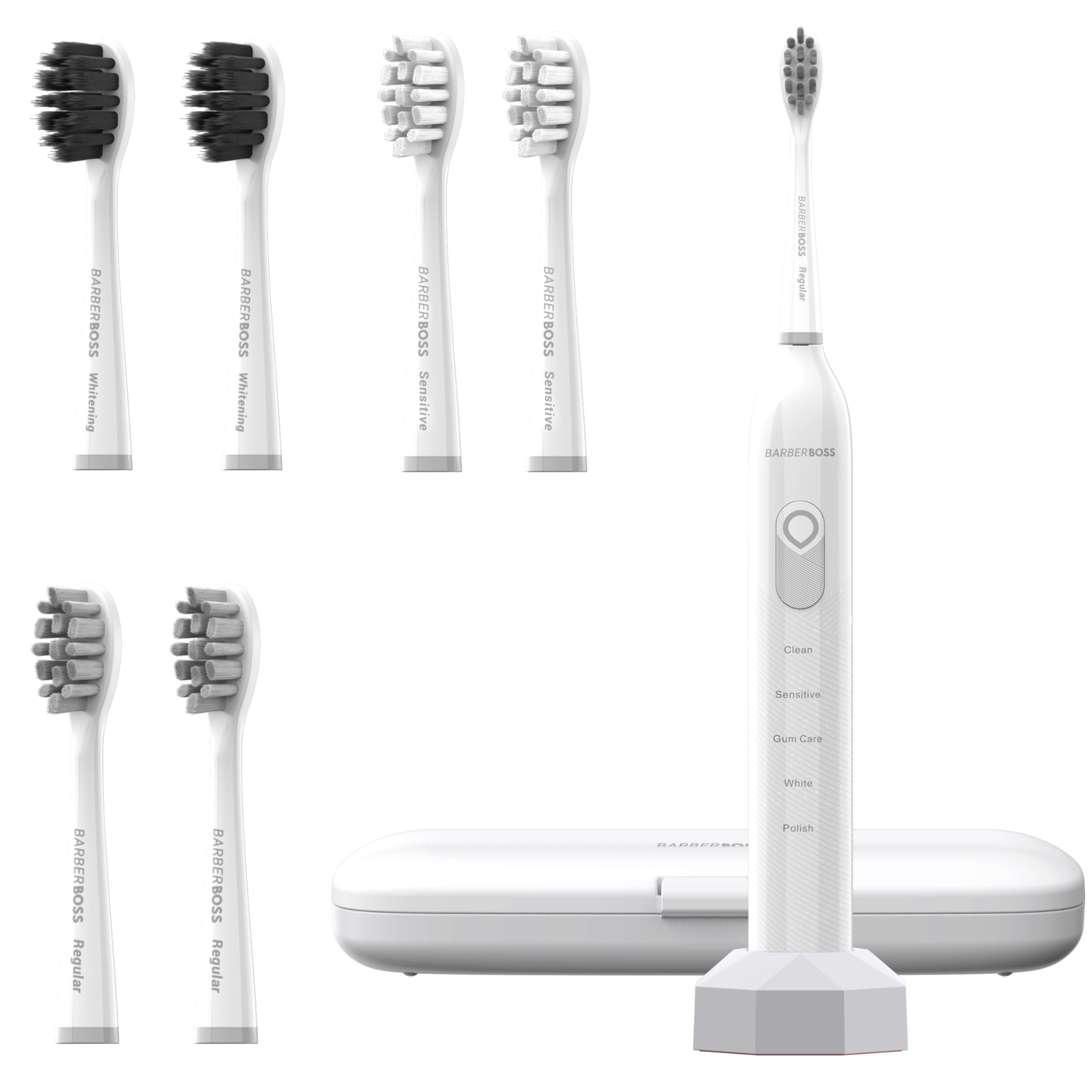 BarberBoss Brosse à dents sonique rechargeable pour adultes, 5 modes de nettoyage, brosse à dents électrique, capteur de pression, 6 têtes de brosse, batterie de 60 jours