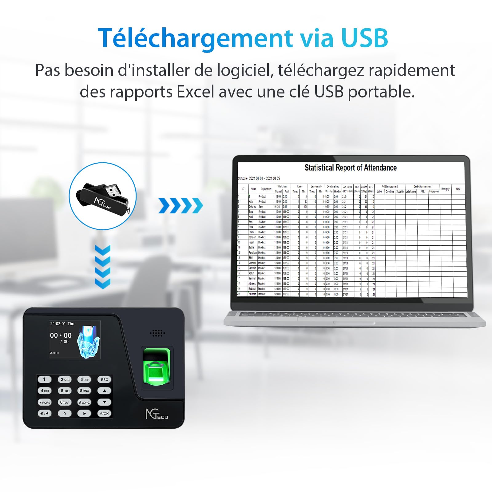 NGTeco Pointeuse Horaire Personnel pour Les organisations de Moins de 1000 employés, avec calcul Automatique, Horloge biométrique à Empreintes digitales AS10 avec USB 8 GB (Français)