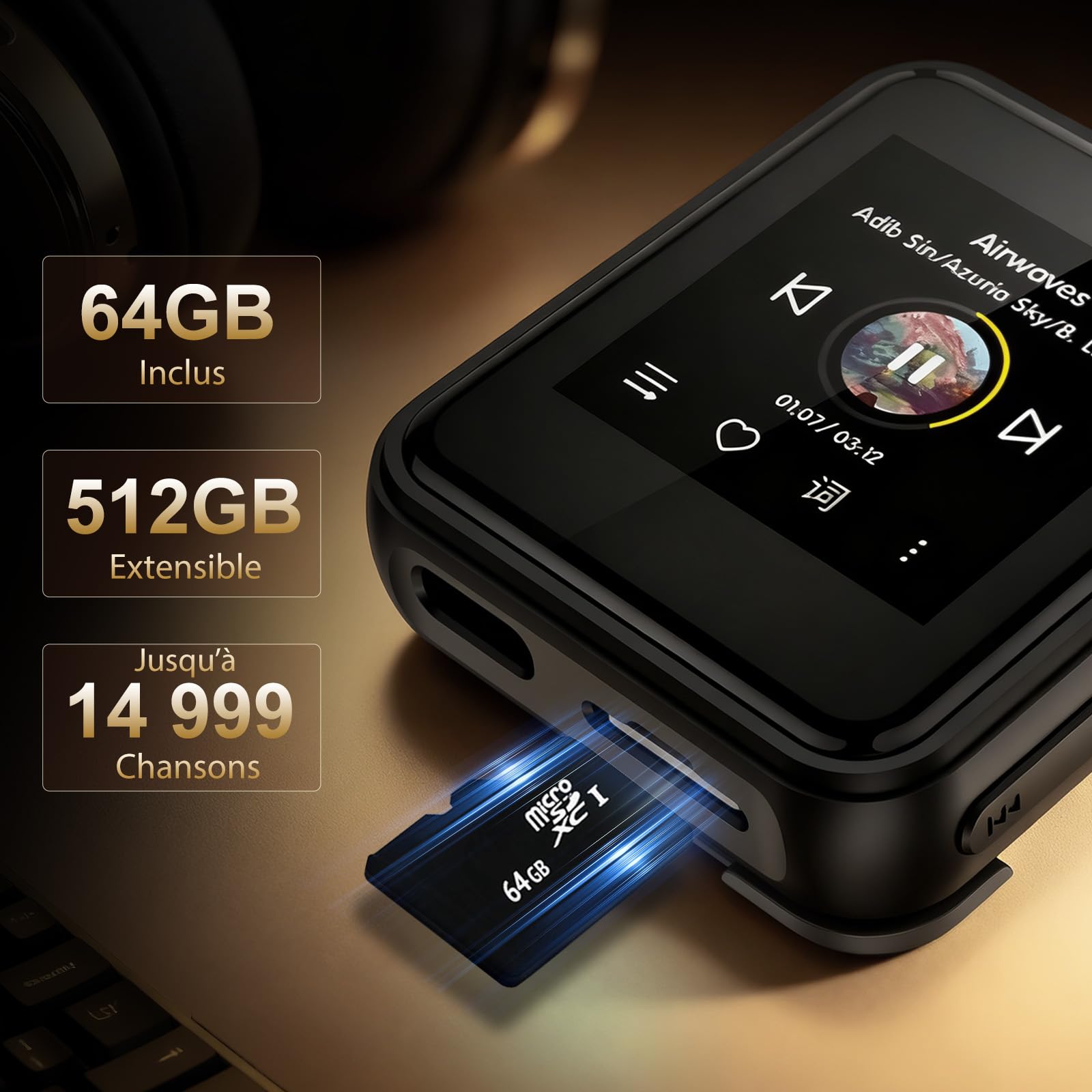 Reproductor MP3 HIFI WALKER H2 Mini con Bluetooth aptX, Audio Hi-Res, DAC ESS9218, Reproductor de Música Portátil con Clip, Pantalla Táctil, 64GB Incluidos, Compatible hasta 512GB, Negra