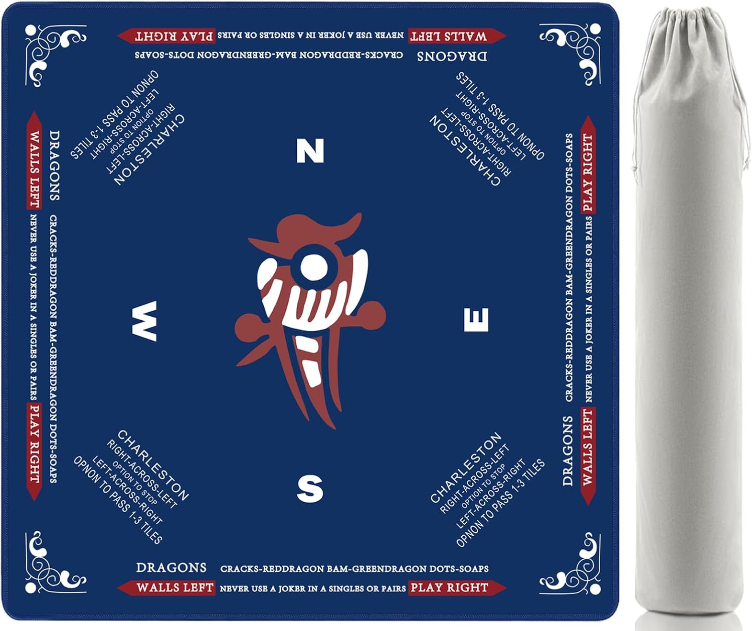 Mahjong Mat, 31.5x31.5 Inch 3mm Thickened American Mahjong Mat for Table with Rules Printed,Anti-Slip, Noise Reduction Mahjong Gift (Blue)