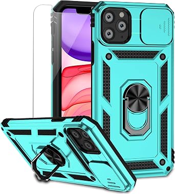 for iPhone 11 Pro Case with Camera Lens Cover HD Screen Protector, Dual Layer Military Grade Drop Protection Magnetic Ring Holder Kickstand Protective Phone Case for iPhone 11 Pro 5.8 inch Mint