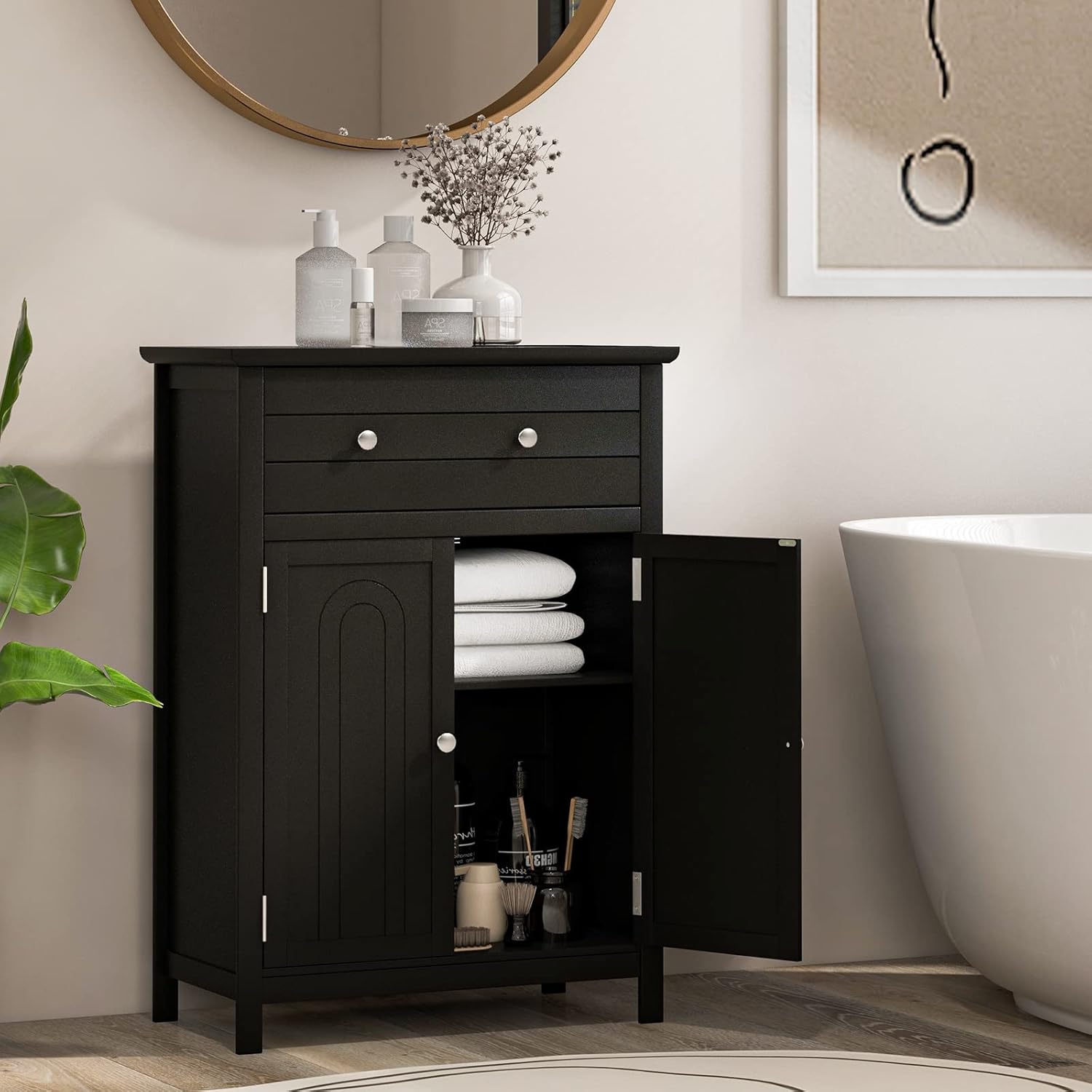 Tangkula Bathroom Floor Cabinet, Free Standing Wooden Storage Cabinet with Large Drawer and 2 Doors, 3 Heights Adjustable Shelf, Organizer for Living Room (Black), 61554-HW-TA