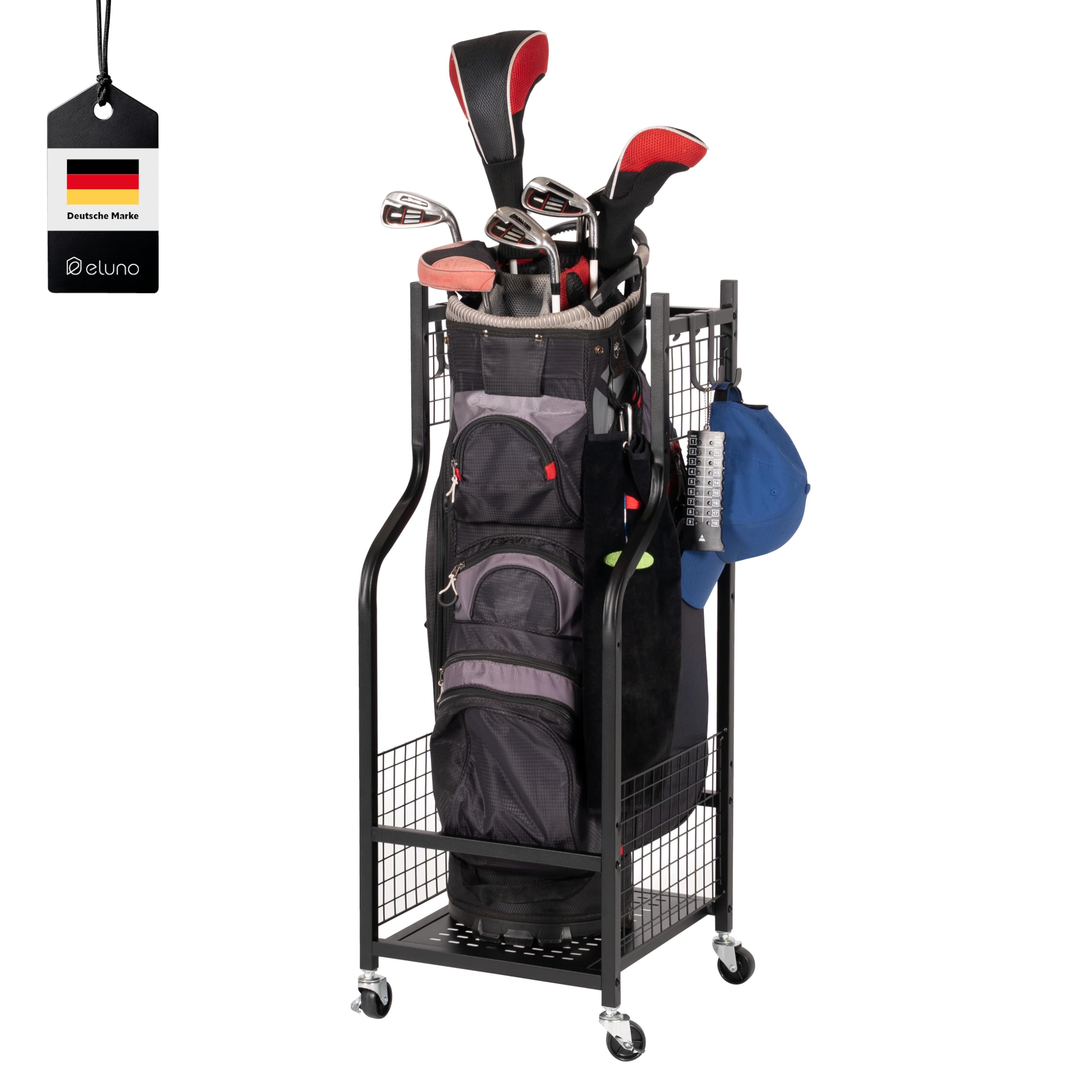 eluno Golftaschen-Organizer, stabiles Standregal mit extra Haken, Aufbewahrungsregal passend f�r 1 Golftasche und Golfausr�stungszubeh�r, Golftaschenhalter, aus schwarzem Stahl