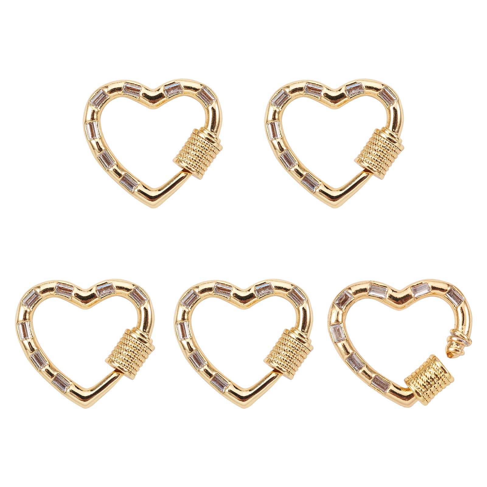 Cheriswely, 5 ciondoli a forma di cuore in ottone con micro pavé di zirconi cubici, chiusura a vite, per gioielli, collane, portachiavi
