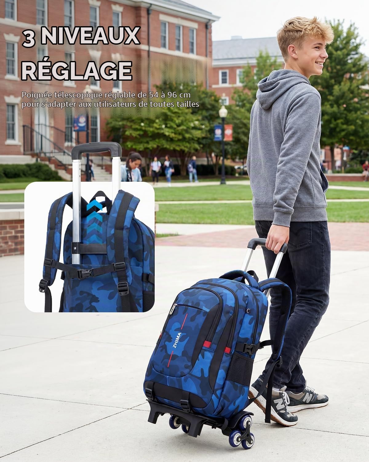 Cartable a Roulette pour Garçons, 26L Sac à Dos Scolaire pour Adolescents avec Chariot Démontable, Sac d'école College Camouflage Trolley Daypack pour les Voyages, Bleu