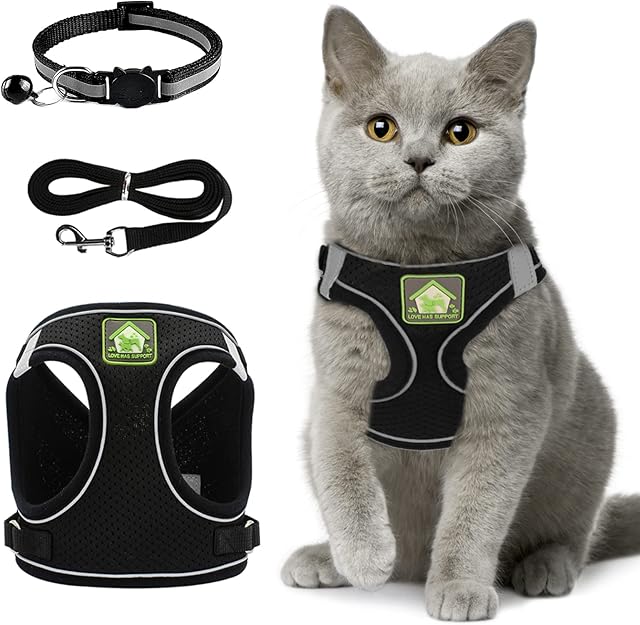 Cat Collars Harnesses and Lead Set Kitten Walking Escape Proof Adjustable Lead Vest Set For Ferret Puppy Rabbit,Kitten Lead and Harness Set with Reflective Strip Breathable Soft Mesh Cat Jacket(XS)