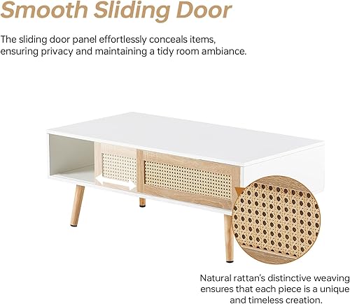 Miniatura 3 de Hosnnile 41.3 Inch Wooden Coffee Table with Storage, Modern Rectangle Accent Center Sofa Table with Sliding PE Rattan Woven Door Panel &amp; Solid Wood