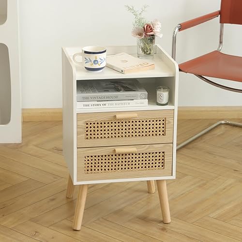 Miniatura 2 de MaxSmeo Mesita de noche blanca con cajones de ratán, mesita de noche moderna de mediados de siglo, mesita de noche de madera bohemia para sala de