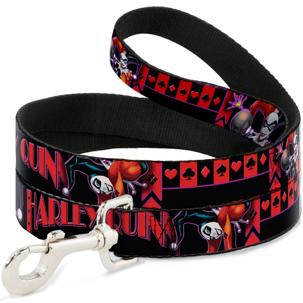 Buckle-Down Pet Leash - HARLEY QUINN Bomb Poses/Suits Black/Purple/Red - 4 Feet Long - 1" Wide