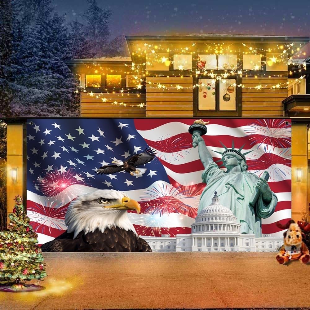 7x16ft Independence Day American Flag Garage Door Banner Cover Stars and Stripes US Flag 4th of July Banner Background Labor Day Veterans Memorial Day Patriotic Party Outdoor Decorations