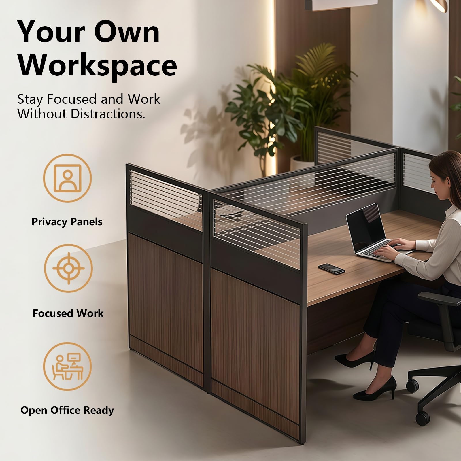 Postazione Di Lavoro Modulare per Ufficio, Scrivania Professionale Con Pannello Divisorio Fonoassorbente, Postazione Operativa per Aziende Con Sistema Passacavi(S4 person)